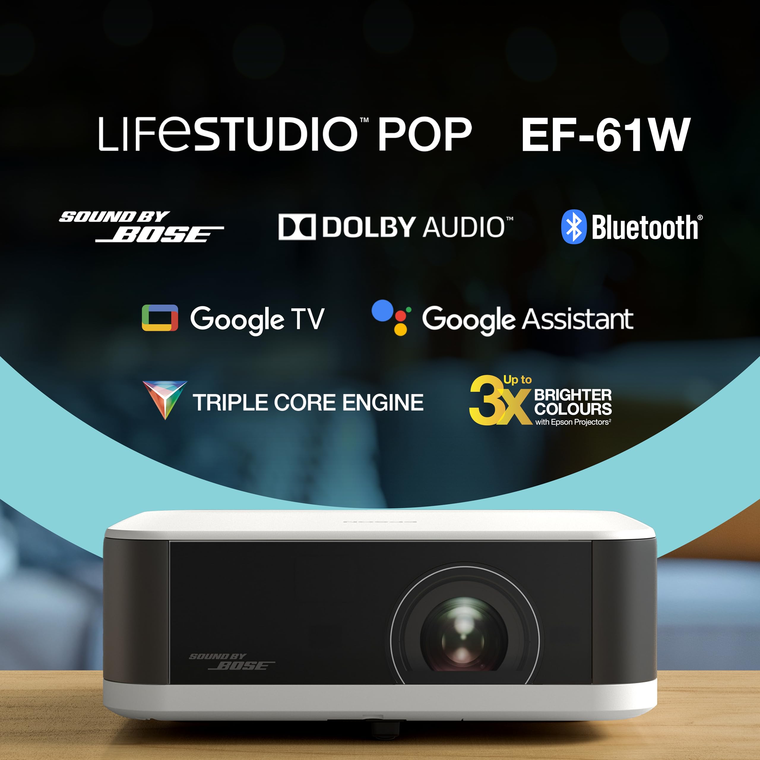 Epson Lifestudio Pop EF-61W | Projecteur TV Intelligente Portable, HD intégrale 1080p | Sound by Bose | 700 lumens | 3LCD x RGB-LED | Google TV | Config. aisée | Écran 150 po | Garantie 5 Ans | Blanc