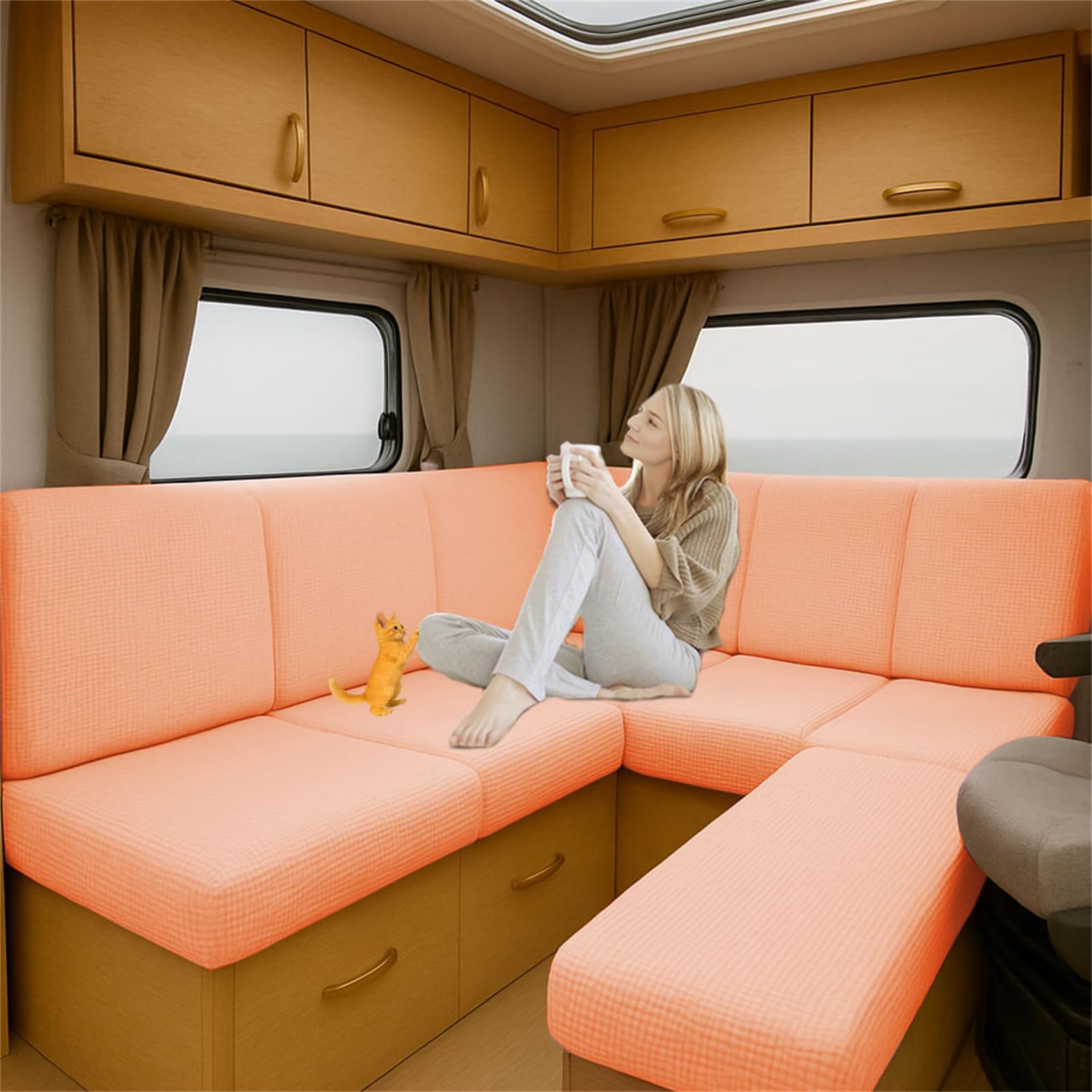 ZGDDPZA Caravan Seat Cushion Covers for Motorhome & Camper Stretch Fit Sofa Slipcovers with Elastic Straps Non-Slip RV Bench & Backrest Covers, Indoor Outdoor Use (Orange,L65-95cm W65-100cm)