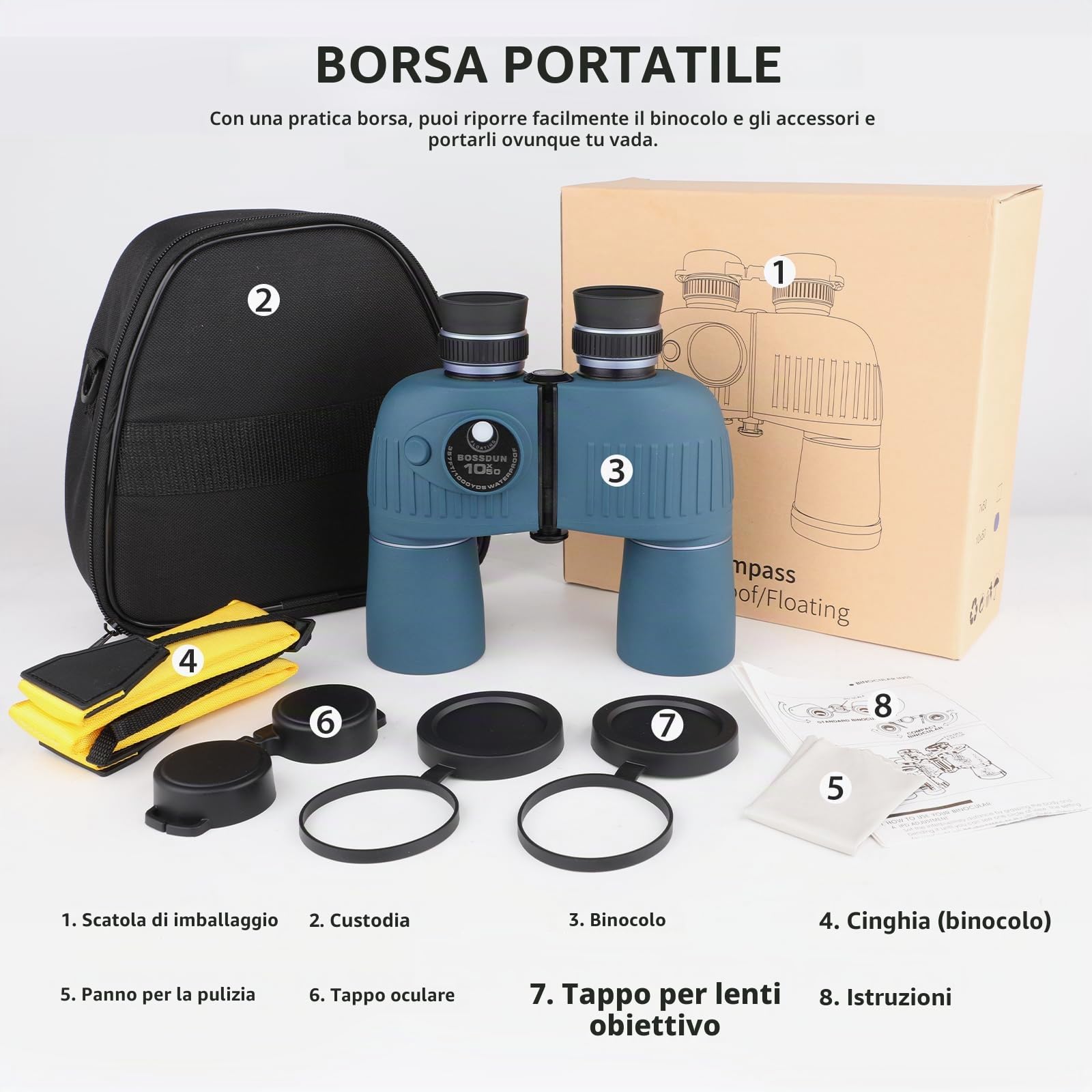 Binocolo Marino 10X50 con Telemetro Illuminato e Bussola, Impermeabile IPX7, Prismi BAK4, per Navigazione e Caccia, Include Tracolla e Borsa (L)