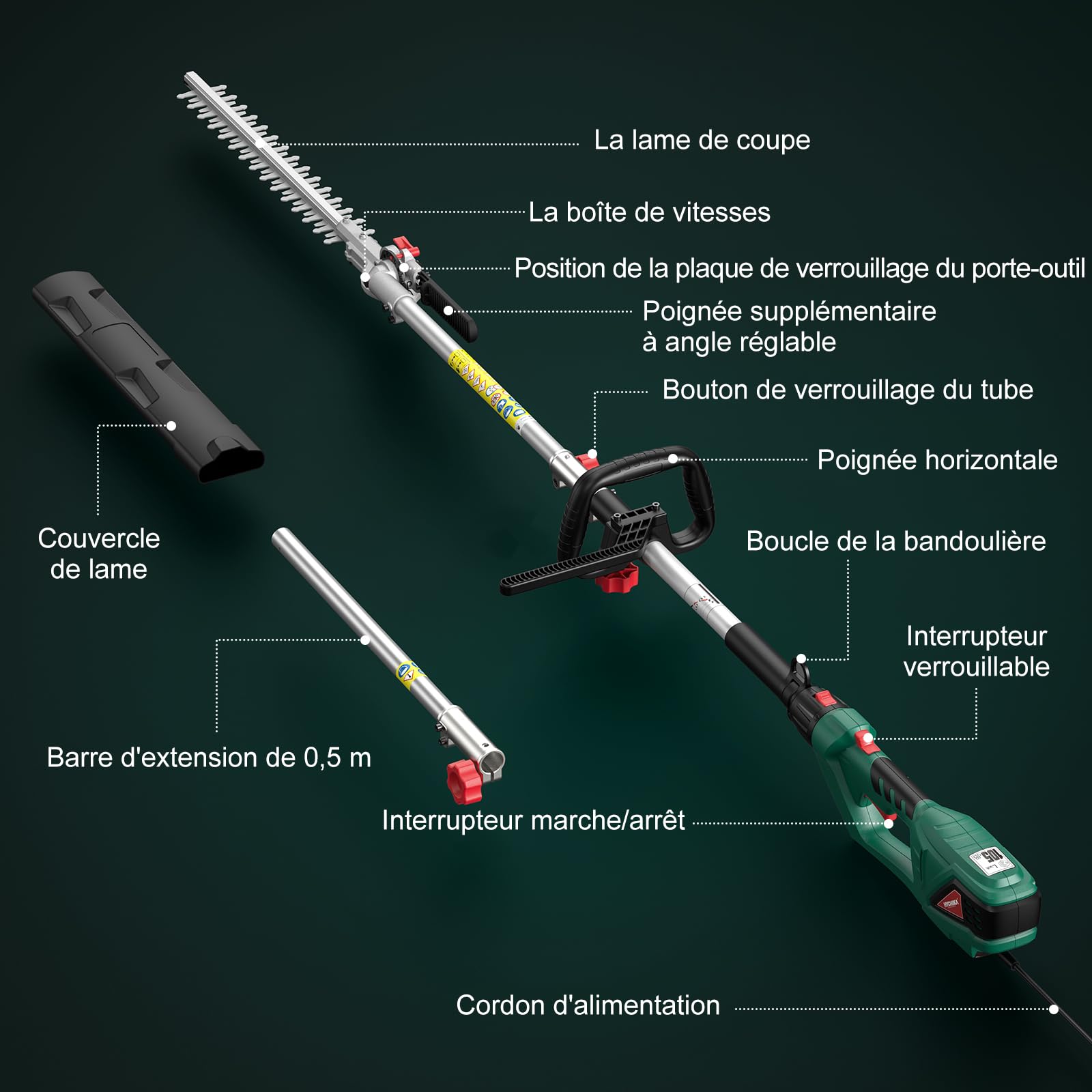 HYCHIKA Taille Haie Télescopique Électrique 900W, Élagueuse sur Perche, Extensible 200-250 cm, Double Interrupteur et Poignée