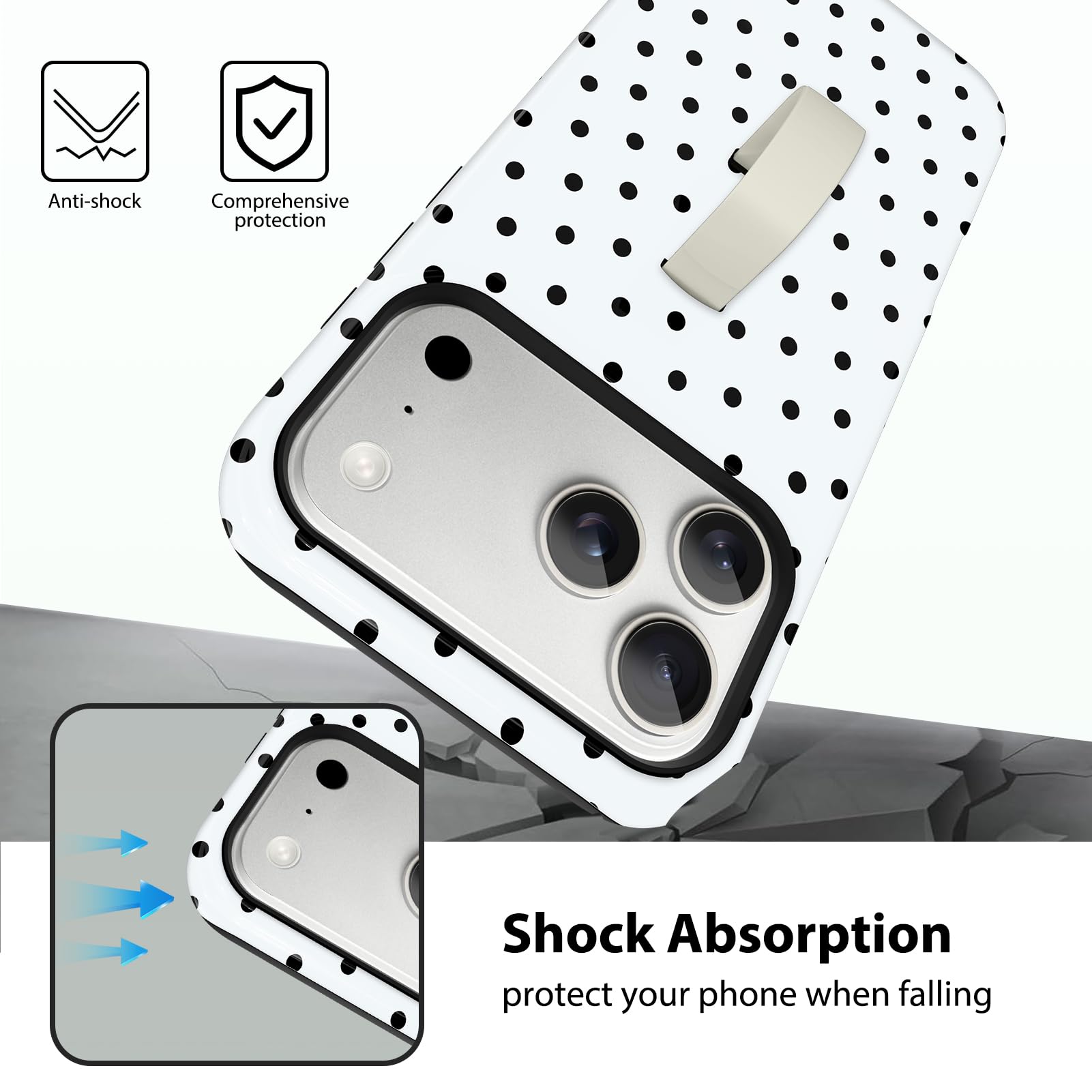 KANGHAR Custodia a pois per iPhone 17 Pro Max con supporto a strappo nascosto - Cover ibrida 2 in 1, sottile, antiurto, compatibile con MagSafe, protezione obiettivo fotocamera, unisex quotidiano