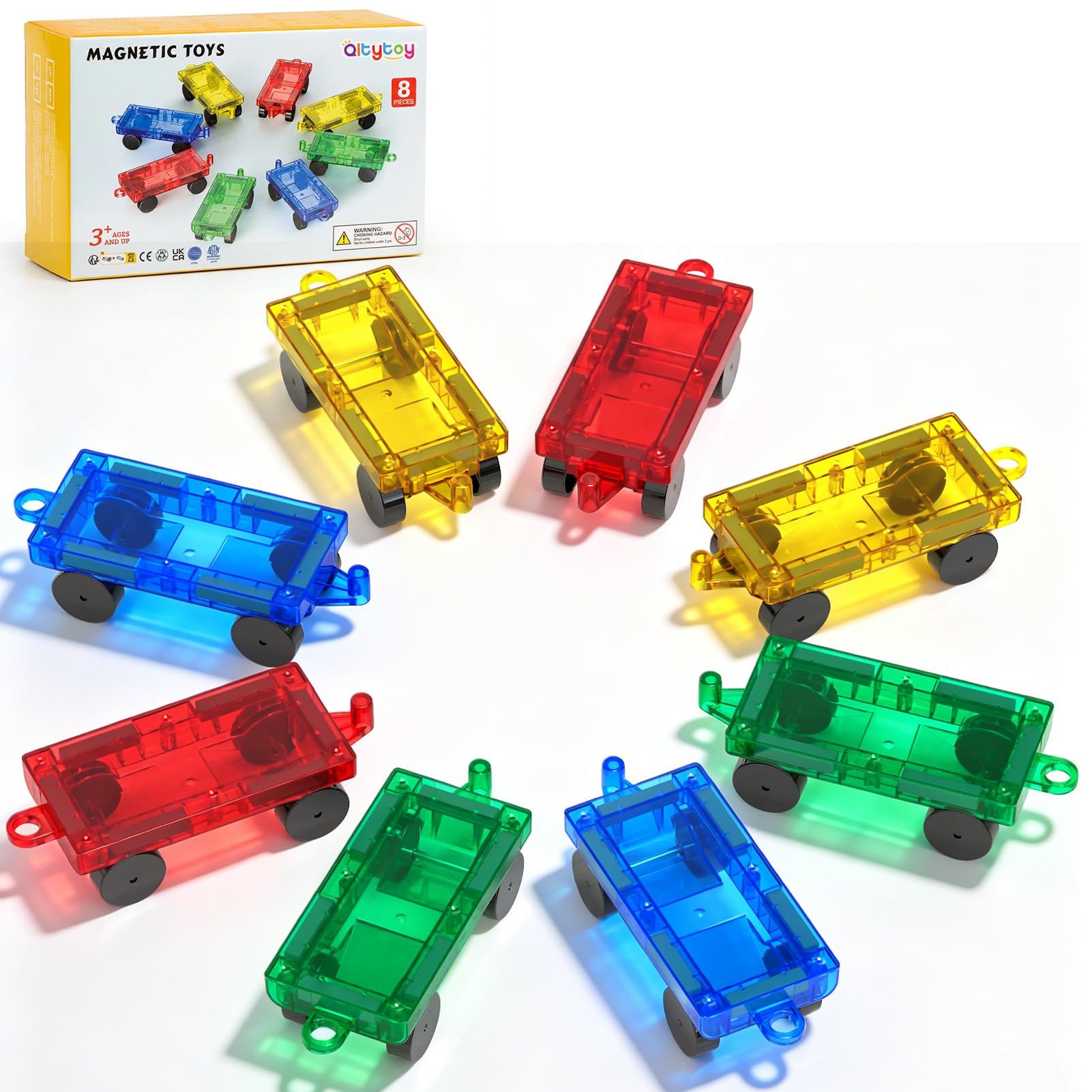 Qltytoy 8PCS Magnetic Tiles Mini Cars Construction Toys Set Compatible with Mini & Most Major Tiles, Magnet Easter Car Toys Kids Gifts, STEM Educational Portable Travel Toys for Airplane,Car Play