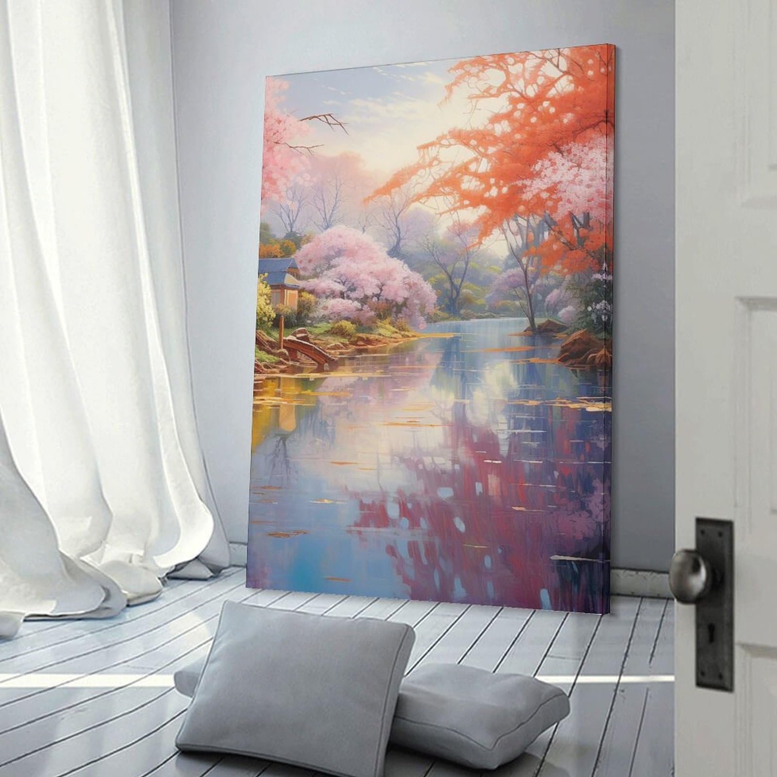 Junmoney Frame-Style-7 Cherry Blossom Lake Hanging Wall Art, 08X12inch(20X30cm), For Bedroom Decor, Cosy Corners Or Studios, An Easy Wall Refresh For Bedrooms