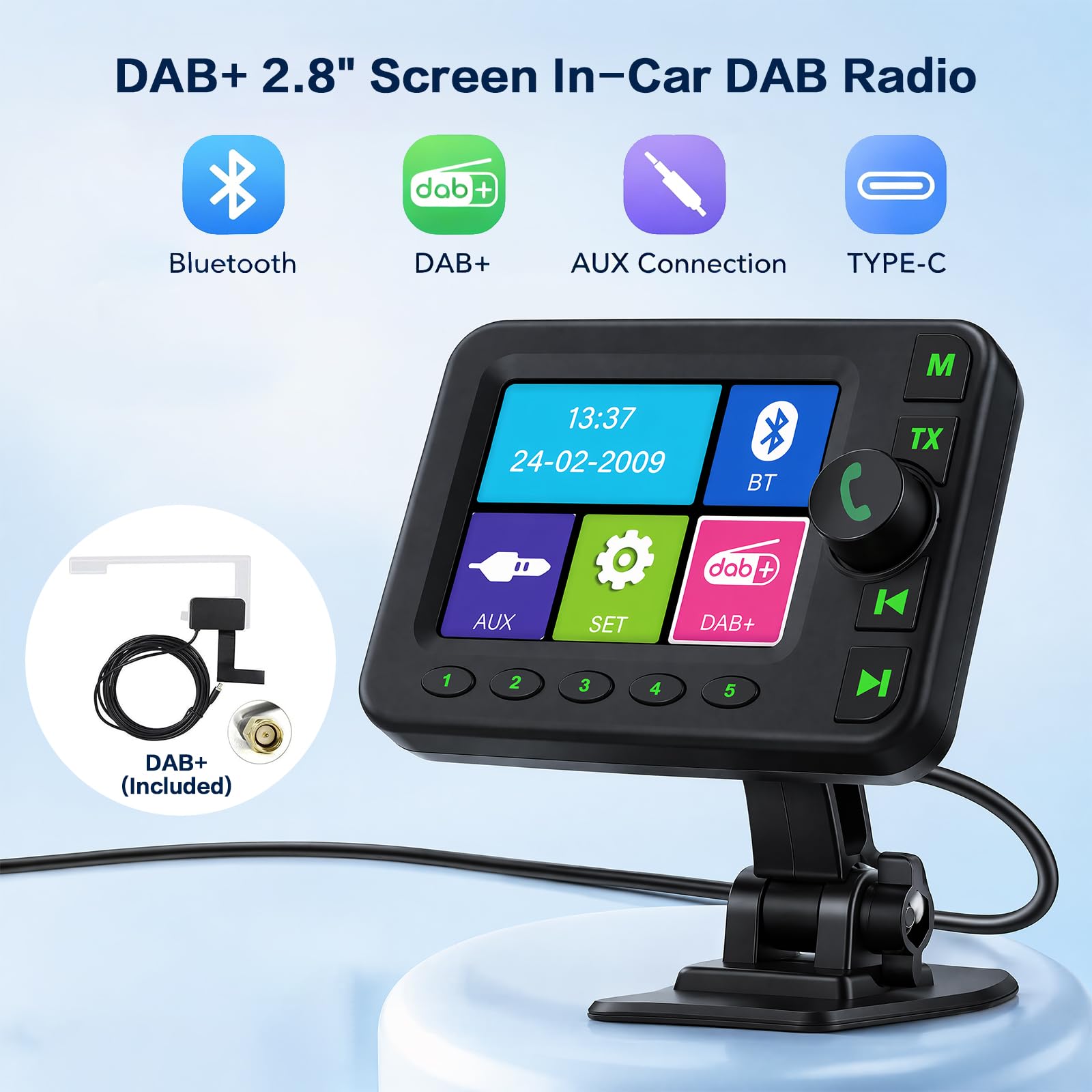 Inefala DAB+ Adapter für Autoradio, 2,8 Zoll bunter LCD-Bildschirm mit Bluetooth-Freisprecheinrichtung, Dab-Sender, FM-Sender, AUX-Eingang-Ausgang, TF-Karten-Musikwiedergabe, Autoladegerät