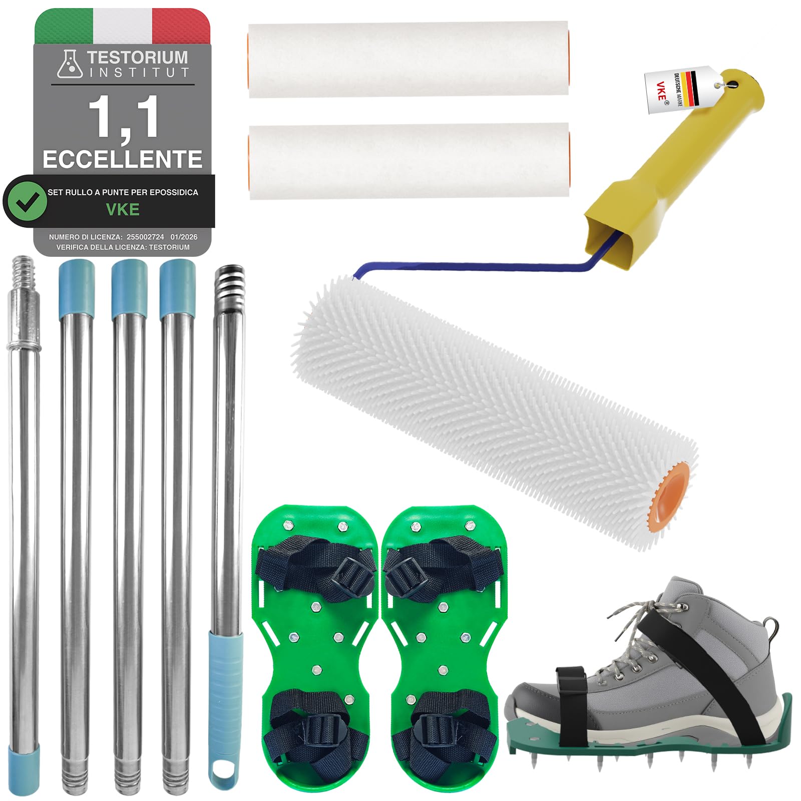 VKE Rullo Frangibolle per Autolivellante 23 cm - Lunghezza Chiodi 14 mm, Rullo di Sfiato, 2 Rullo Pittura 23 cm, Asta Telescopica 1,5 m, Scarpe Chiodate per Prato 30 mm,Autolivellante-Solo 1 Maniglia