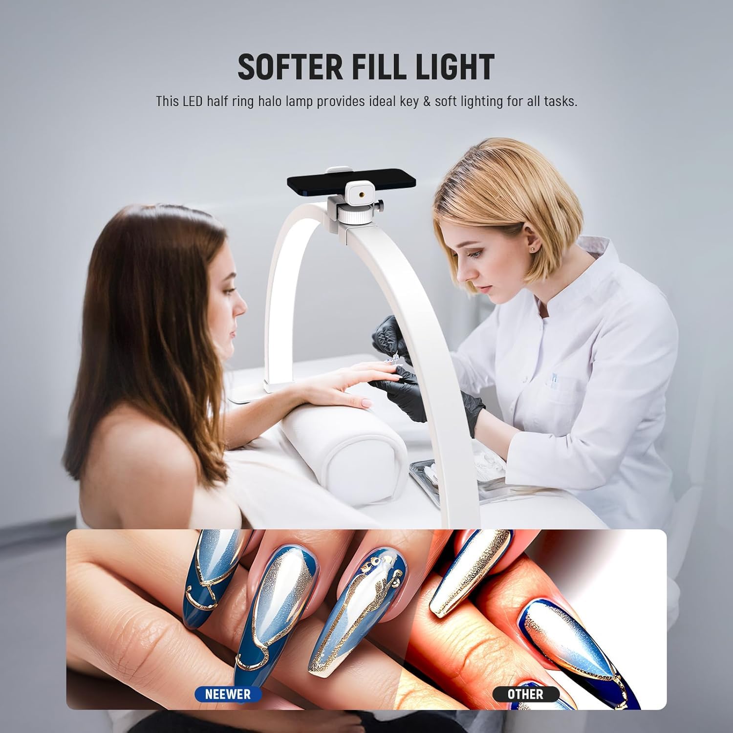 NEEWER Basics HM02-D lampa do paznokci z półksiężycem na stół, 36 W, składana lampa do studia paznokci, lampa LED, do manicure, półpierścieniowego światła z uchwytem na telefon komórkowy, do makijażu