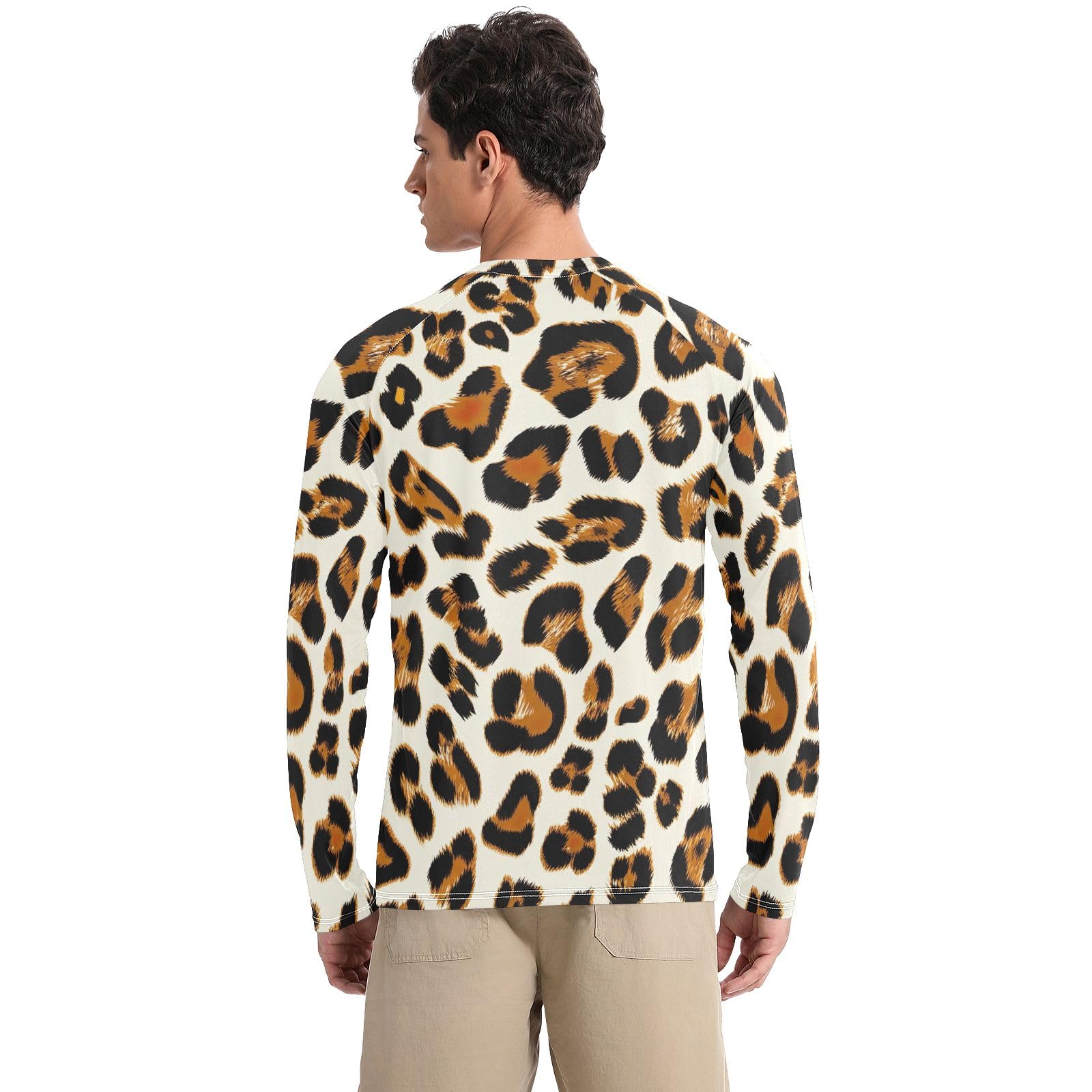Leopard Print Brown Beige Rash Guard for Men Quick Dry UPF 50+ UV Sun Protection Long Sleeve Workout Shirts Sun Shirts for Outdoor, Large
