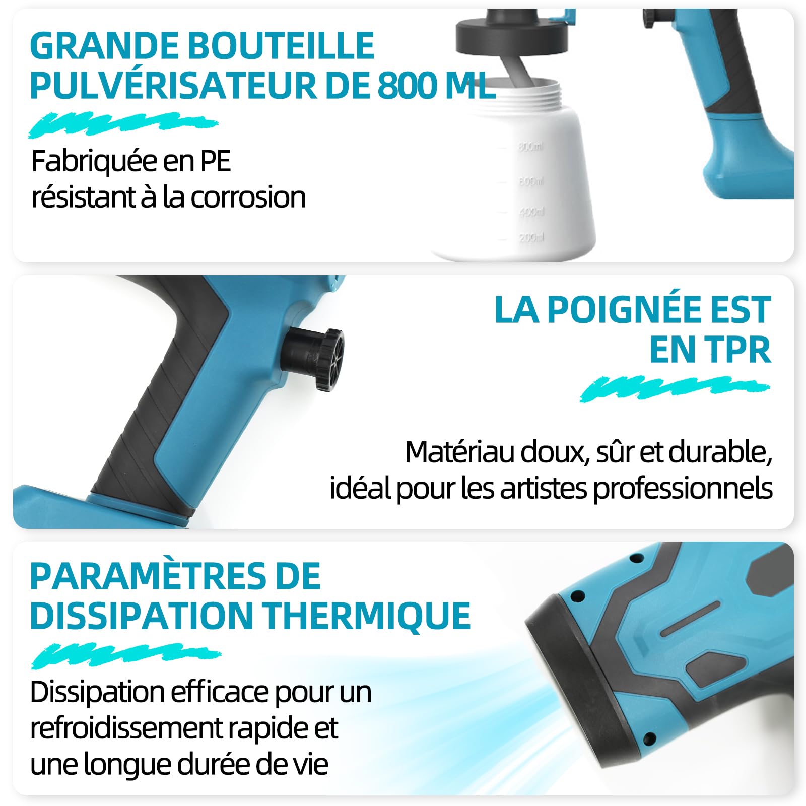 Système de pulvérisation de peinture sans fil avec réservoir de 800 ml et 4 buses, 3 modes de pulvérisation, pistolet à peinture pour murs et clôtures, compatible avec batterie Makita 18 V (sans