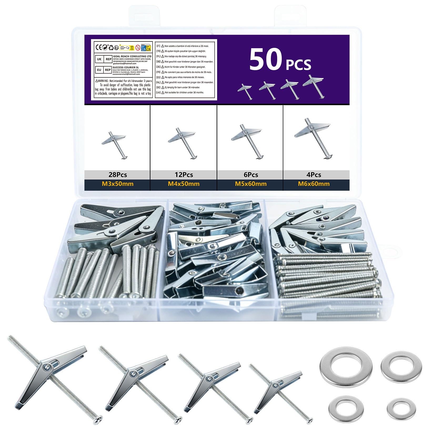50 Pcs Plasterboard Fixings Heavy Duty, Toggle Bolts, Hollow Wall Fixings