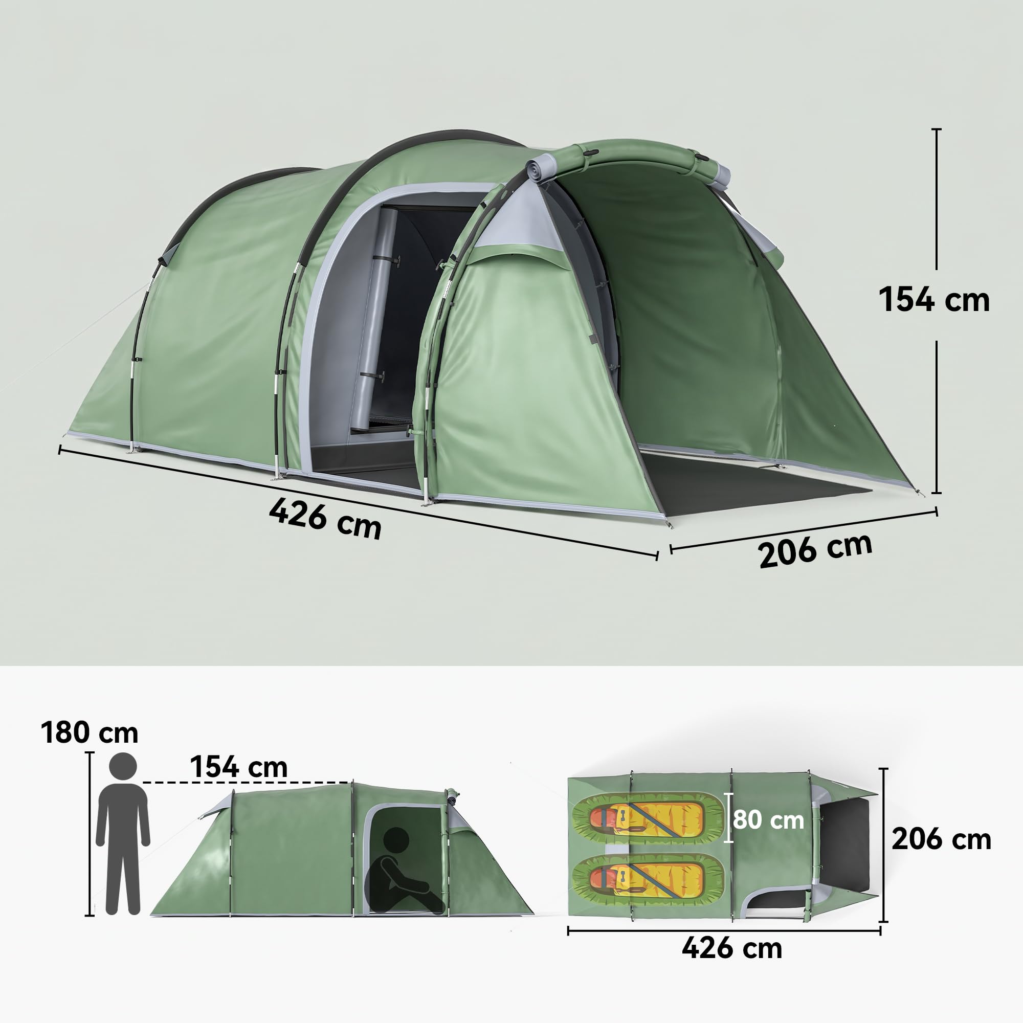 Outsunny Tenda da campeggio per famiglie per 2 persone, tenda a tunnel ventilata, facile da montare, camera da letto, soggiorno, 3 porte, finestre, 4,26 x 2,06 x 1,54 m, fibra di vetro poliestere PE