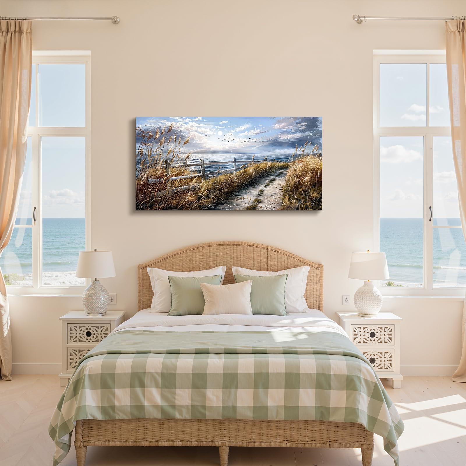 JHHUAMO Quadro Moderno Soggiorno Paesaggio Mare Camera da Letto 73x146 cm | Fiori Selvatici Sulla Costa, Stampa HD, Lavorazione Raffinata, Installazione Semplice, Uso Versatile