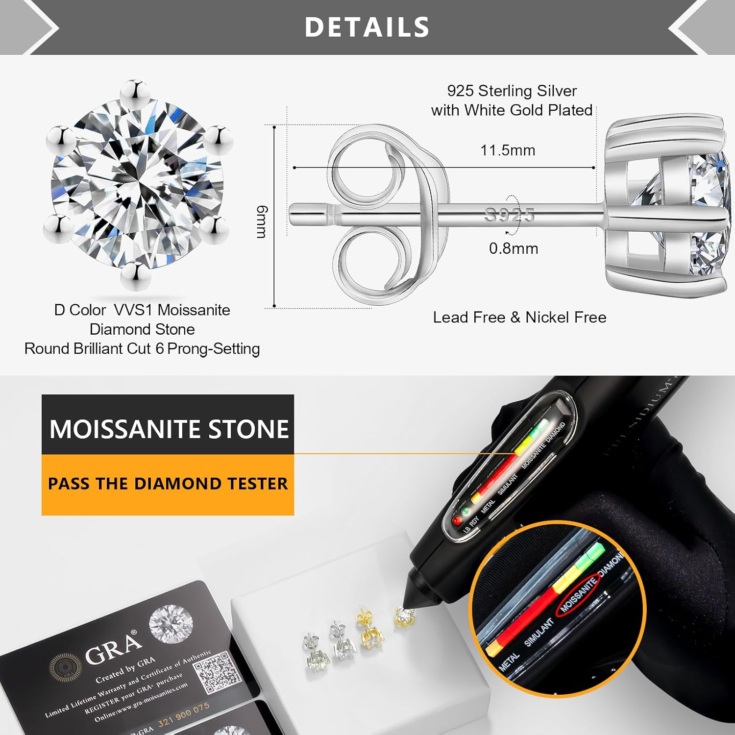 KRKC&CO Moissanite Earrings for Men, Gift for Him, Gold/Black/White Earrings Studs, S925 Sterling Silver Hypoallergenic, Dazzling, 4-Prong, 1.2-3.0CT, D Color, VVS1 - Image 4