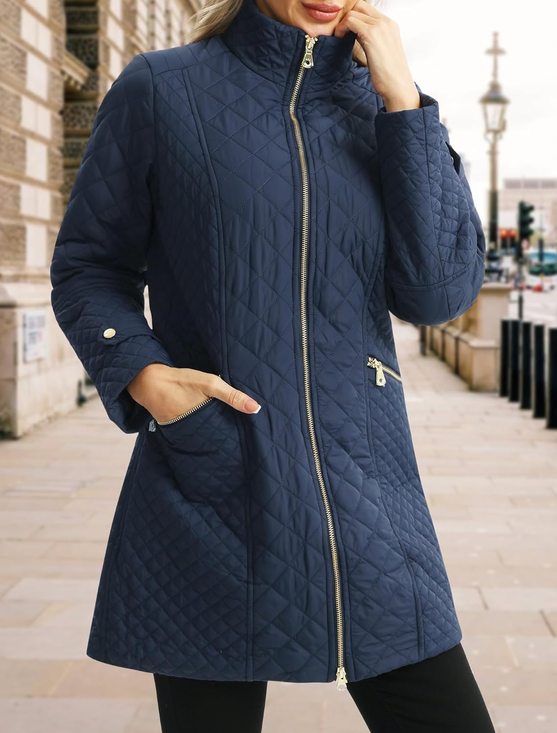 Women's Plus Size Long Quilted Jackets Diamond Quilted Lightweight Jacket Stand Collar for Spring Fall - Image 3