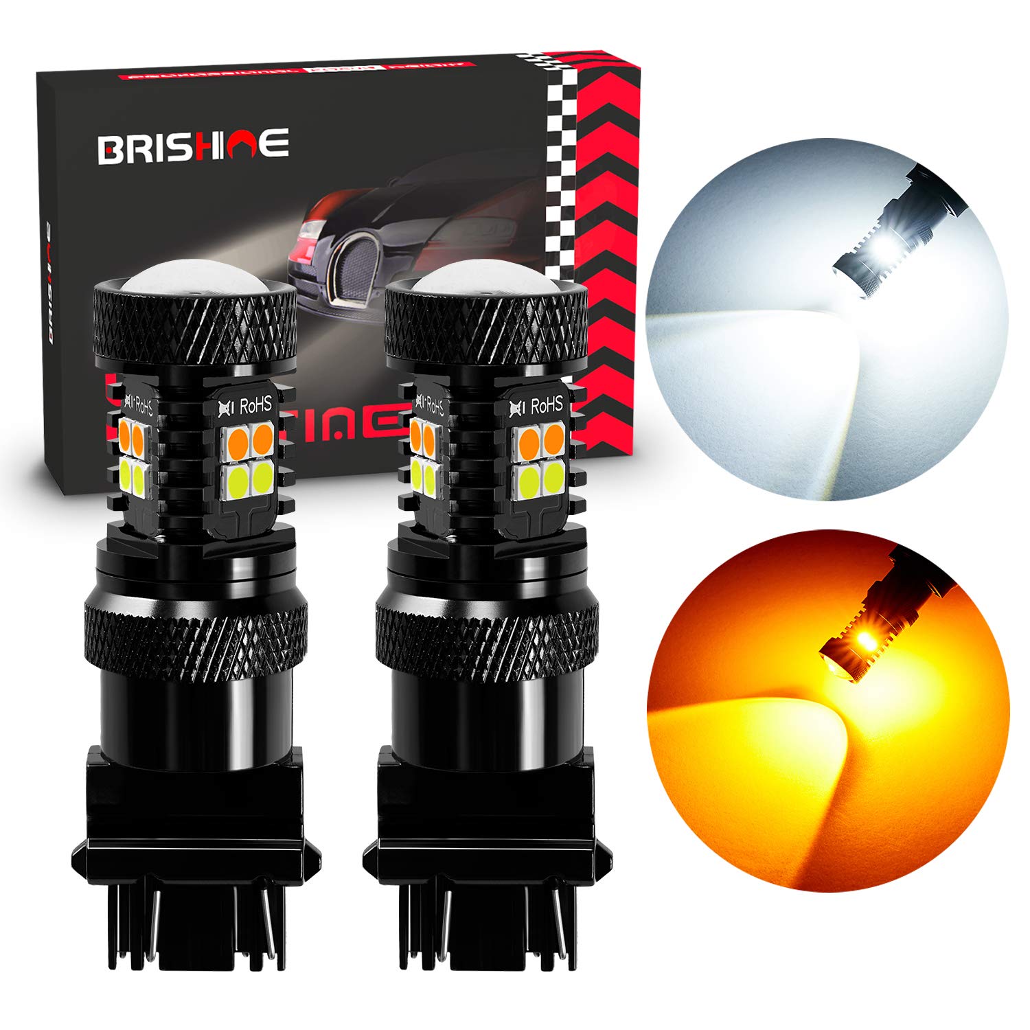 BRISHINESwitchback LED Bulbs Extremely Bright 3030 Chipsets Xenon White/Amber Yellow LED Light Bulbs with Projector for Turn Signal Lights(Pack of 2) 3157/3057/4157 Yellow XPISMII-3157WA-16SMD3030-2P