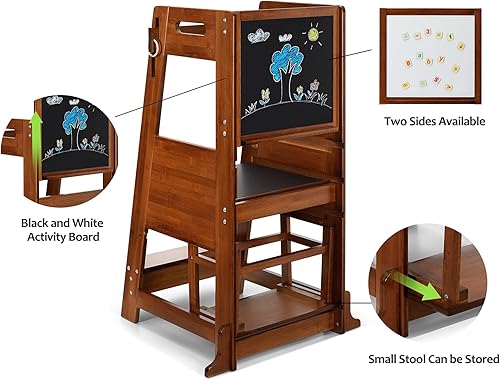Miniatura 5 de TOETOL Taburete de bambú para niños, taburete de cocina de aprendizaje de torre de pie para encimera de cocina de 3 alturas ajustables con pizarra