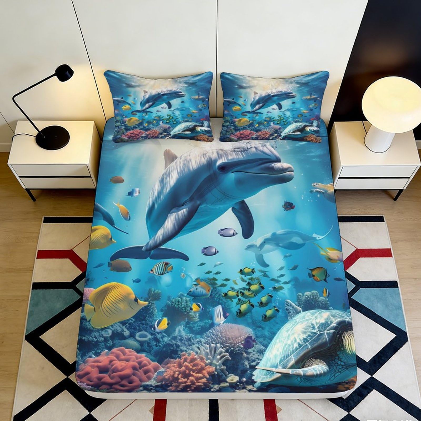 3D Printed Ocean Dolphin Fitted Sheet Microfiber Soft Underwater World Mattress Cover for Bedroom Guest Room Decor 140x200x25cm