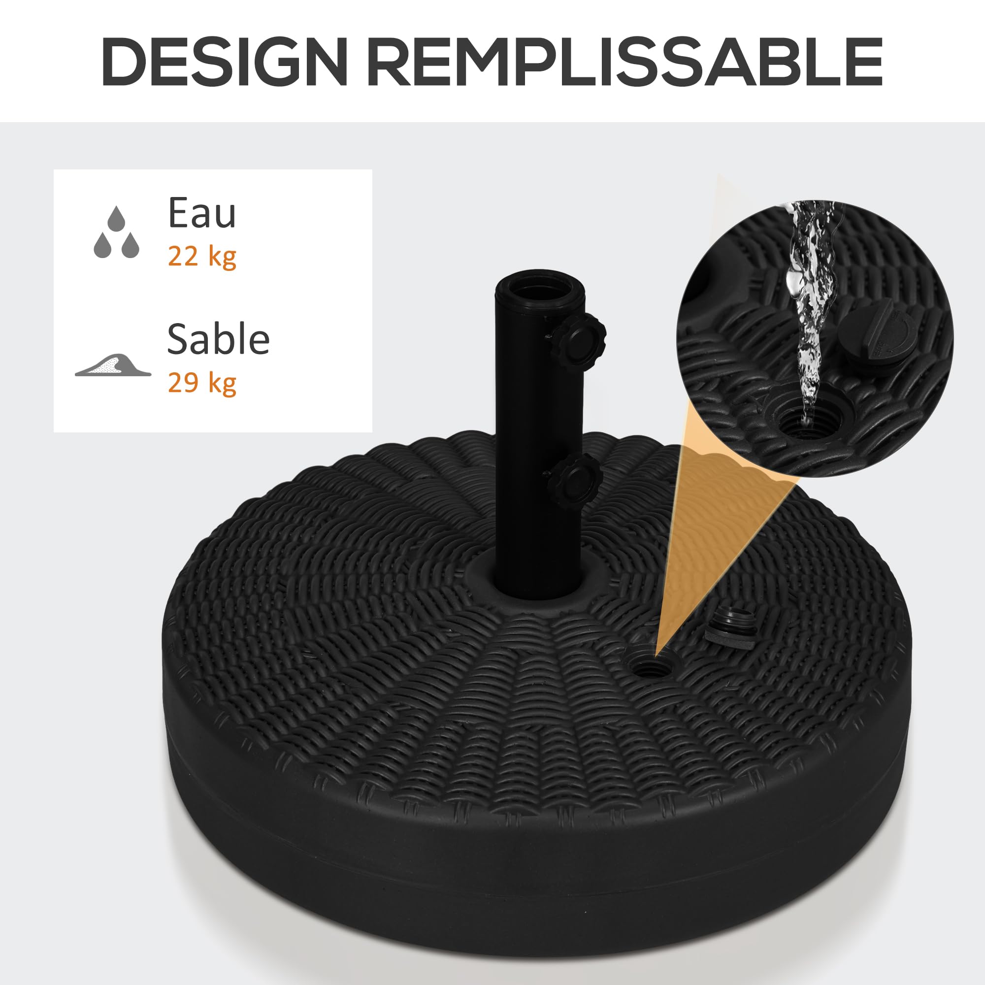 Outsunny Pied de Parasol Base de Parasol Support de Parasol à remplir d'eau et de Sable en HDPE pour mât Ø 38 et 48 mm - Ø51 x 36H cm Noir