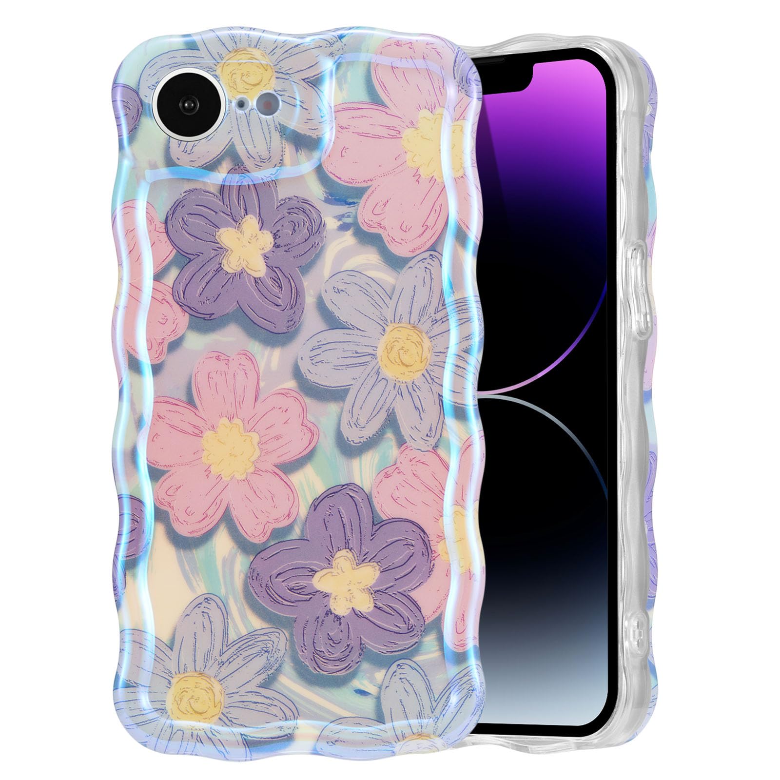 EYZUTAK Case for iPhone 15, Colorful Retro Oil Painting Flower Laser Beam Glossy Pattern Cute Curly Waves Border Exquisite Phone Cover Stylish Durable Soft TPU Protective Case for Girls Women - Green — view 53