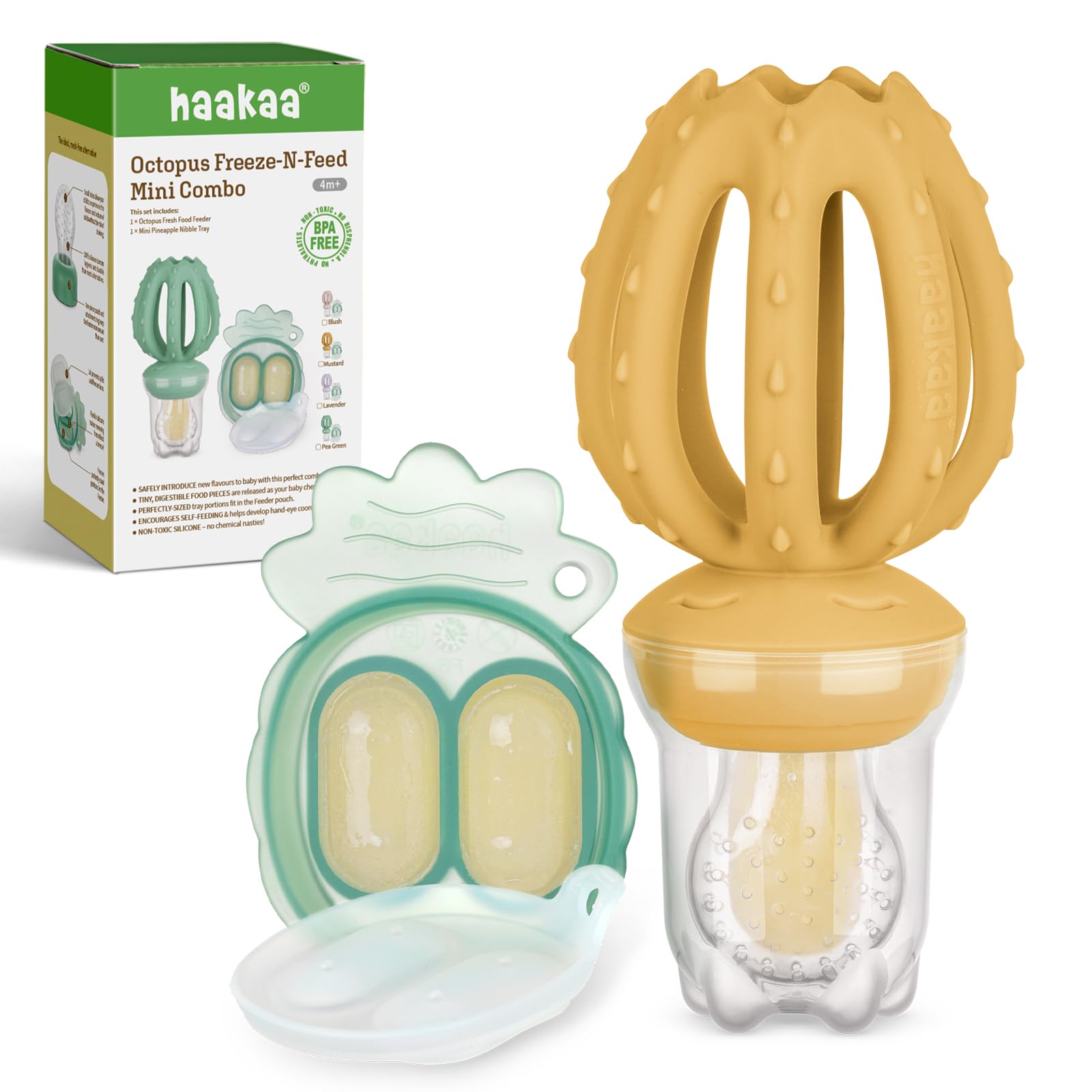 Haakaa Octopus Baby Fruit Food Feeder & Mini Freezer Nibble Tray Combo, Breastmilk Popsicle Molds for Cooling Relief, BPA Free Silicone Feeder for