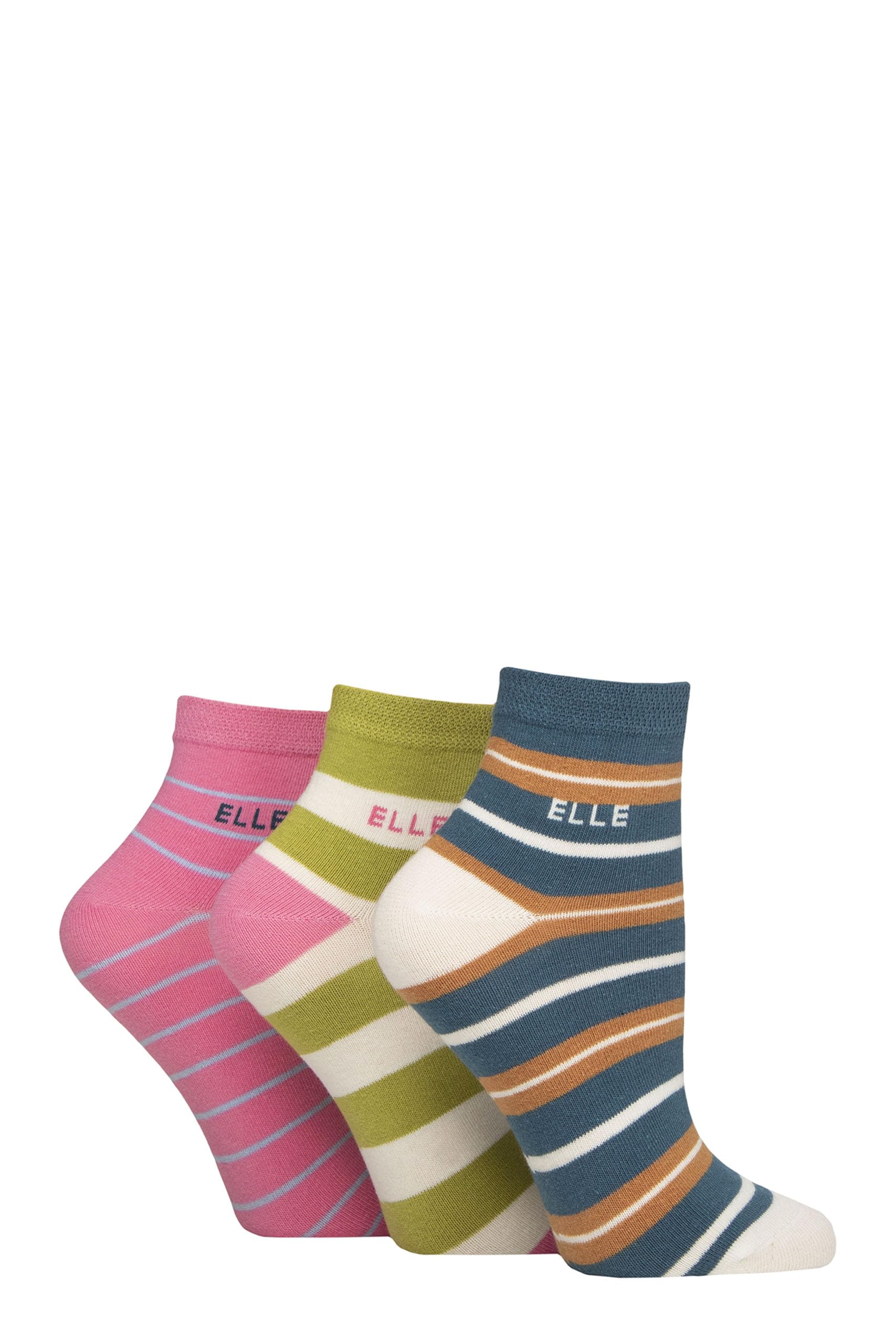 Elle Ladies Cotton Anklet Socks - Soft, Short, Plain, Striped & Patterned with Hand Linked Toes Multipack of 3 Size 4-8 (UK, Numeric, 4, 8, Regular, Regular, Coastal Joy Striped)