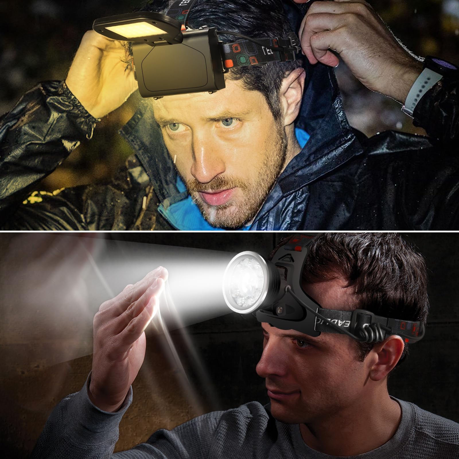 Wiederaufladbare Stirnlampe für Erwachsene, 90 Grad verstellbar, wasserdicht, für Camping, Angeln, Laufen, Radfahren