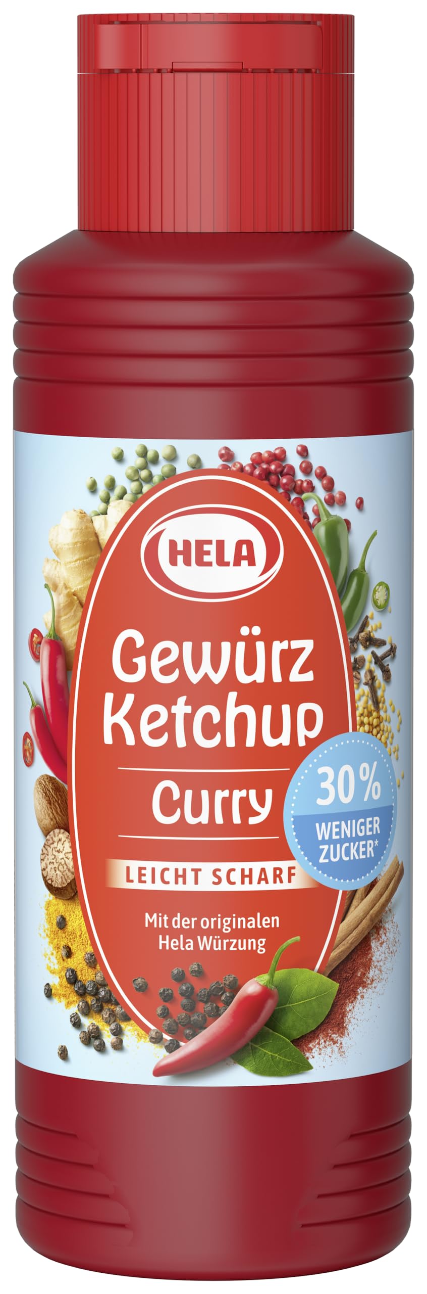 HELA - Gewürz Ketchup Curry leicht scharf 300 ml - Curryketchup mit feiner Schärfe, 30 % weniger Zucker, vegan, ohne Konservierungsstoffe - grillsoße curry - Ketchup ideal zu Pommes, Grillgut & Burger
