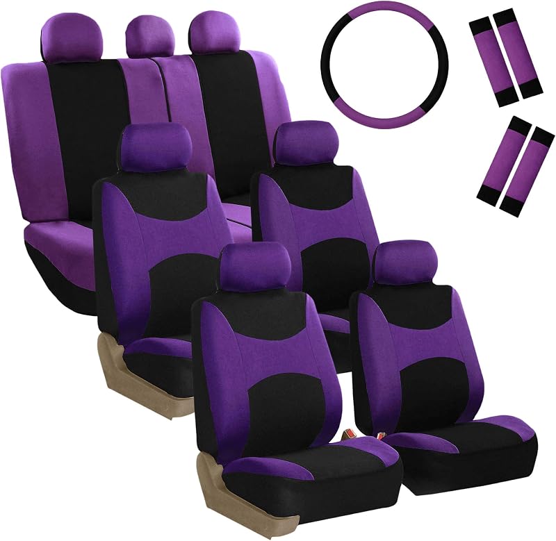 Kit de Capas para Bancos de Carro em Tecido FH Group Roxo e Preto, 3 Fileiras com Airbag e Banco Traseiro Bipartido