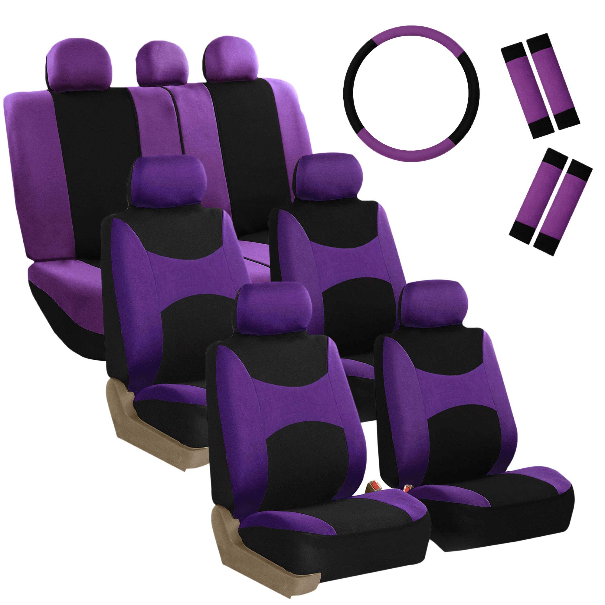 FH Group Automotive Seat Covers Light & Breezy Flat Cloth Three Row Set Purple Combo Steering Wheel Cover & Seat Belt Pads, Airbag and Split Rear Universal Fit Interior Accessories Cars Trucks SUV