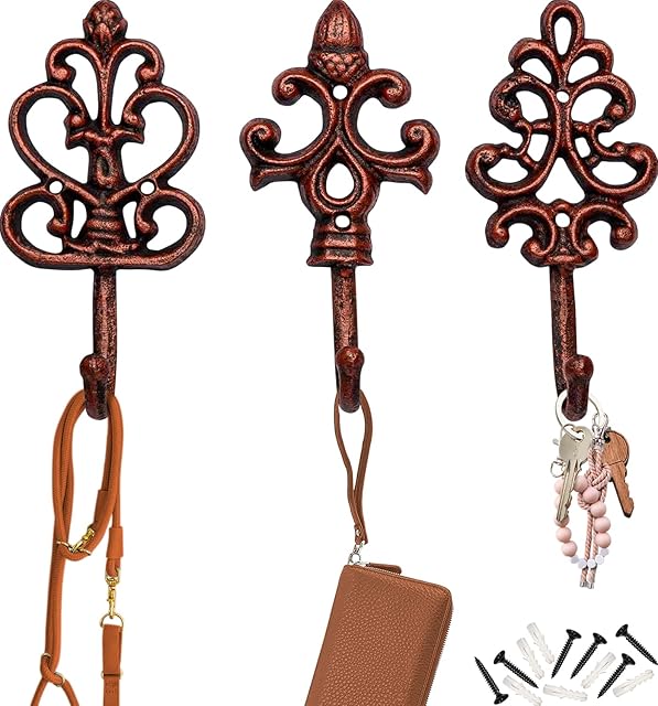 Shabby Chic Cast Iron Decorative Wall Hooks - Rustic - Cooper - Antique - French Country Charm - Large Decorative Hanging Hooks - Set of 3 - Screws and Anchors for Mounting Included- Brown
