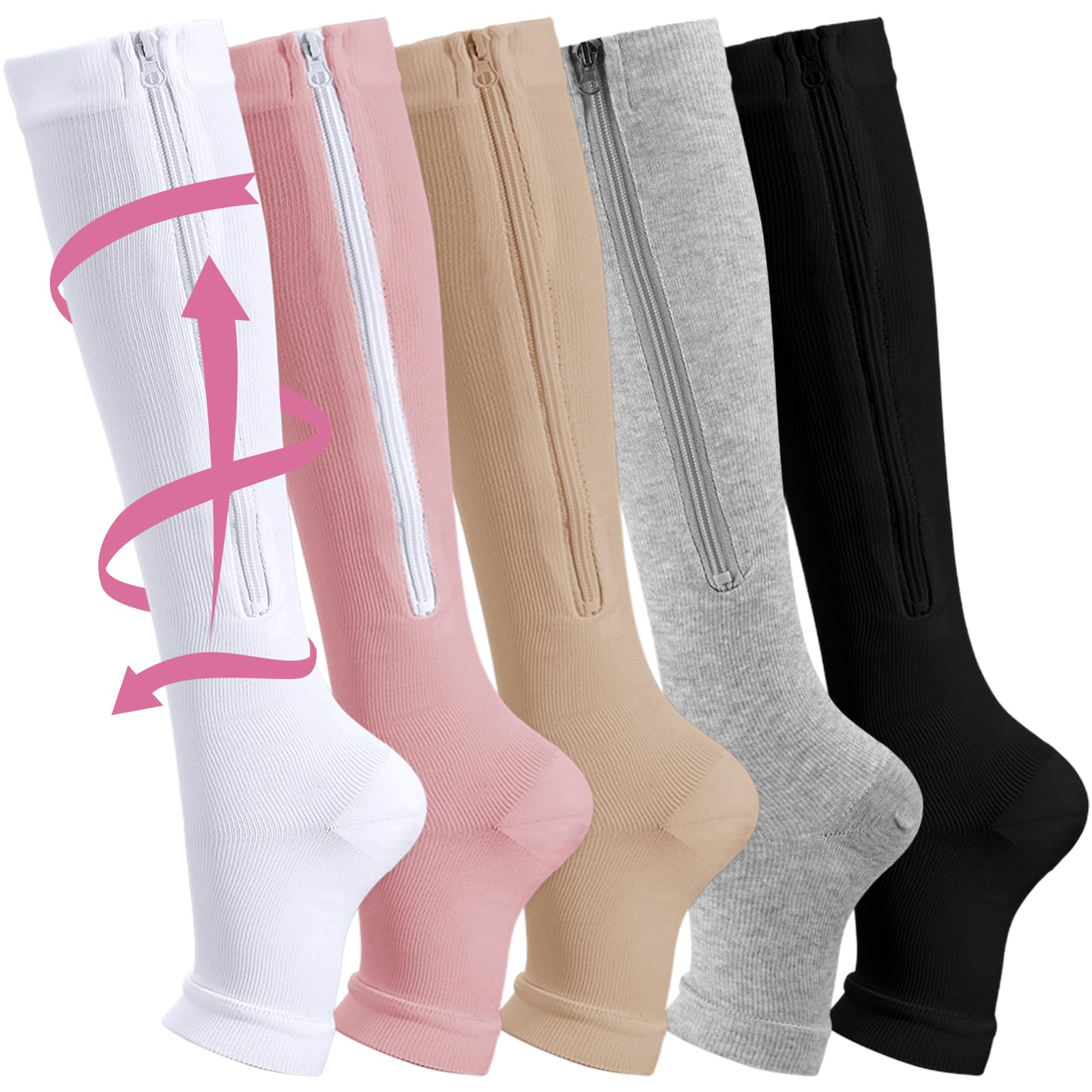 5 Pairs Women Open Toe Zipper Compression Socks 20-30 mmHg Compression Knee High Socks Zipper Support Stockings for Women Swelling Edema-image-34