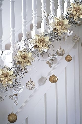 Miniatura 2 de Juego de 10 flores artificiales de magnolia con brillantina para árbol de Navidad, con clip, para decoraciones navideñas (azul rey)