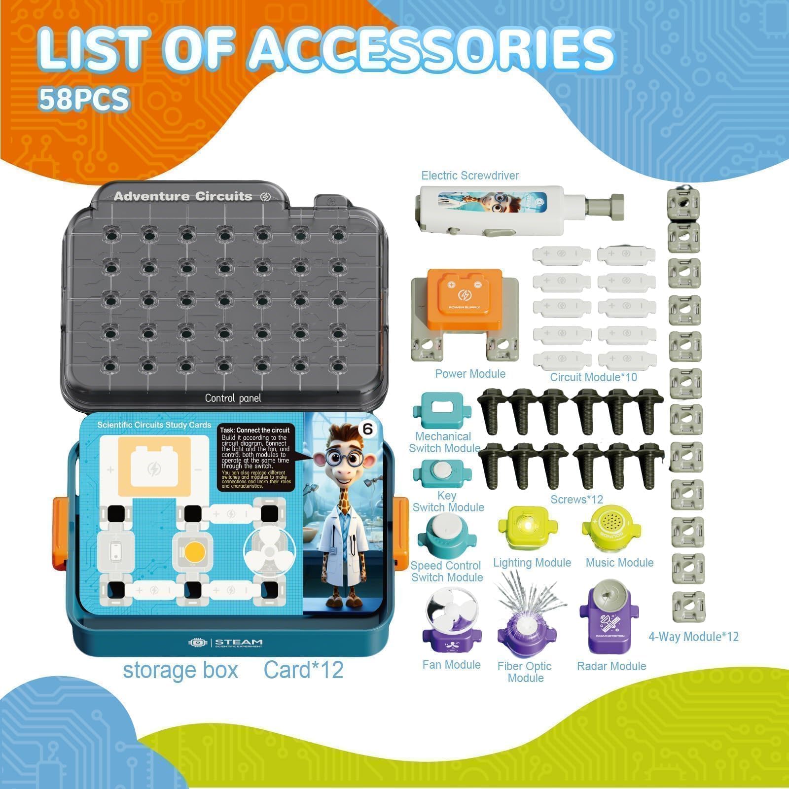 Kit Electrónico para Niños Desde 3 Años, Set Explorador con 58 Piezas + Taladro Eléctrico, Juguete Educativo Stem con Estación de Trabajo de ABS - Regalo Ideal para Jardín Infantil y Hogar