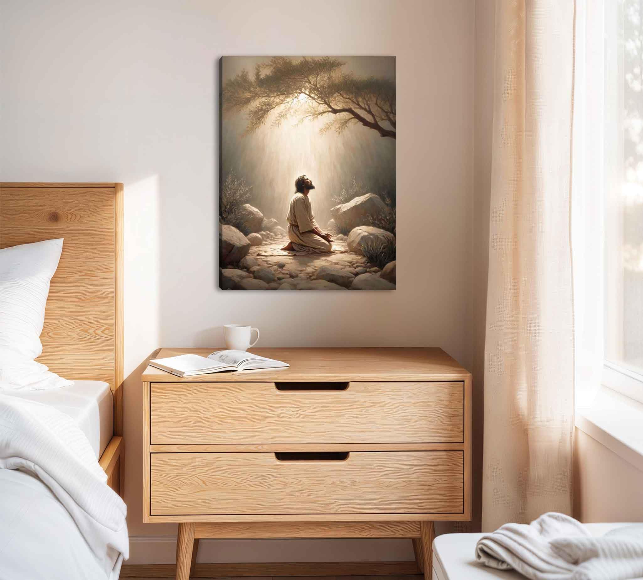 Jesus Prayers Canvas Wall Art God Divine Mercy Portrait Tranquility Painting Picture Wall Decor Jesus Praying in the Garden of Gethsemane Poster Prints for Bedroom Church Home Decoration 12x16