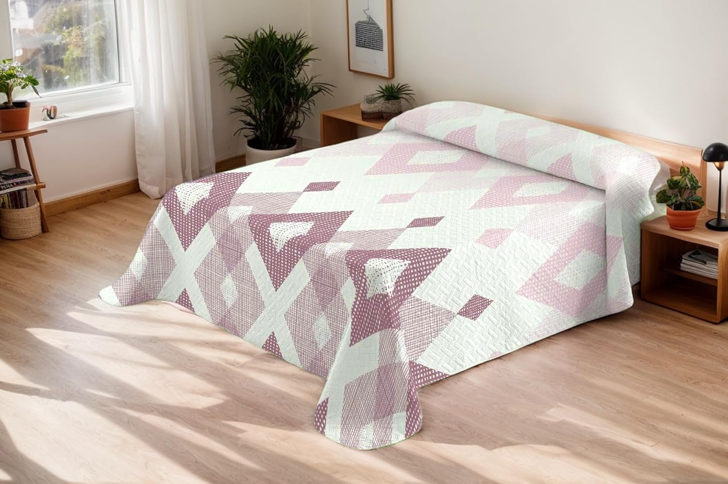 BESCH Colcha Boutis para Primavera y Verano Reversible Estampado Muy Fina Ligera 230x260cm - Colcha Ligera Fina Entretiempo para Cama 135 (Estampado Retazos Lila Rojo)