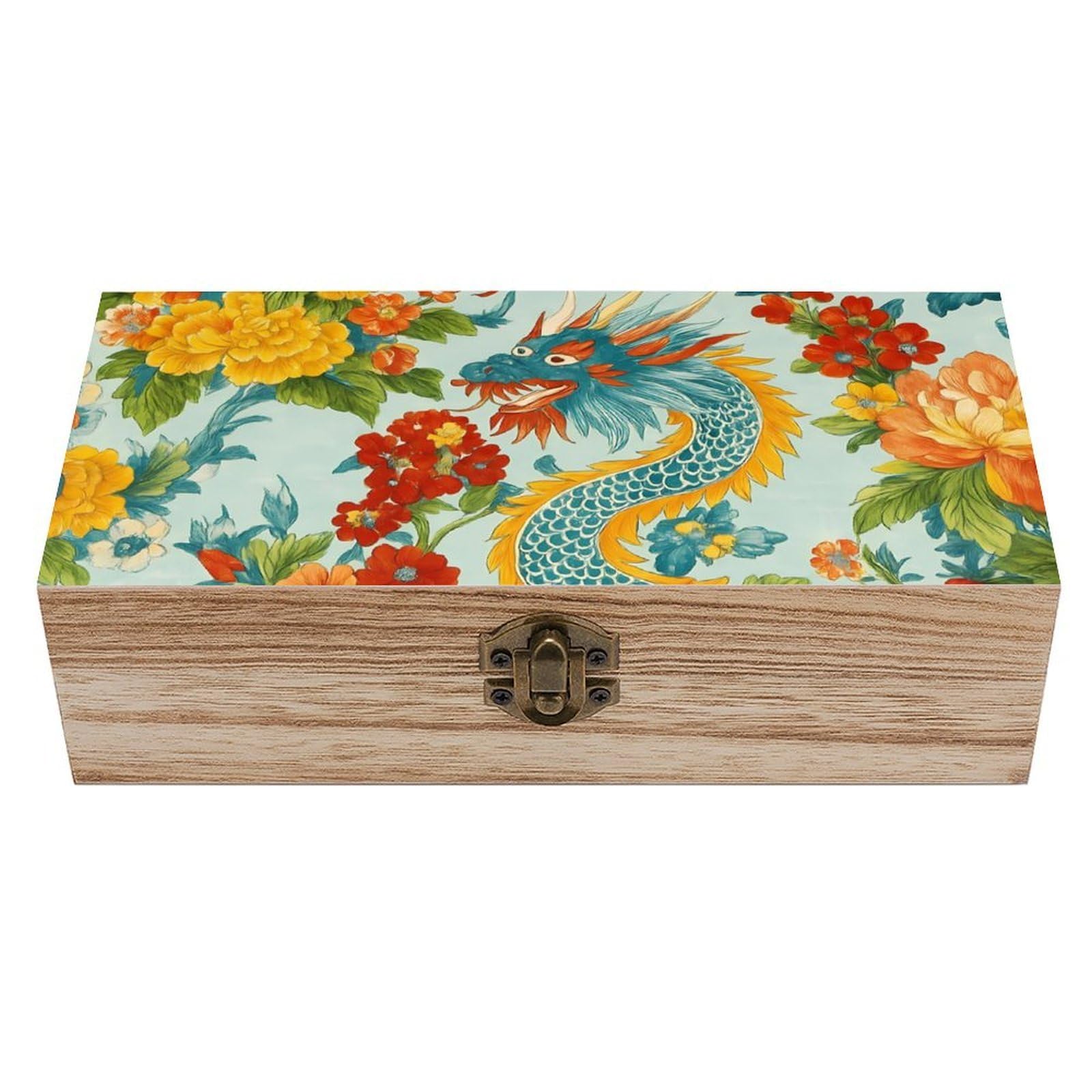 HLBSDM Chinoiserie Dragon & Floral Abundance Retro Wooden Storage Box Jewelry Art Gift Boxs Decorative Keepsake Boxes