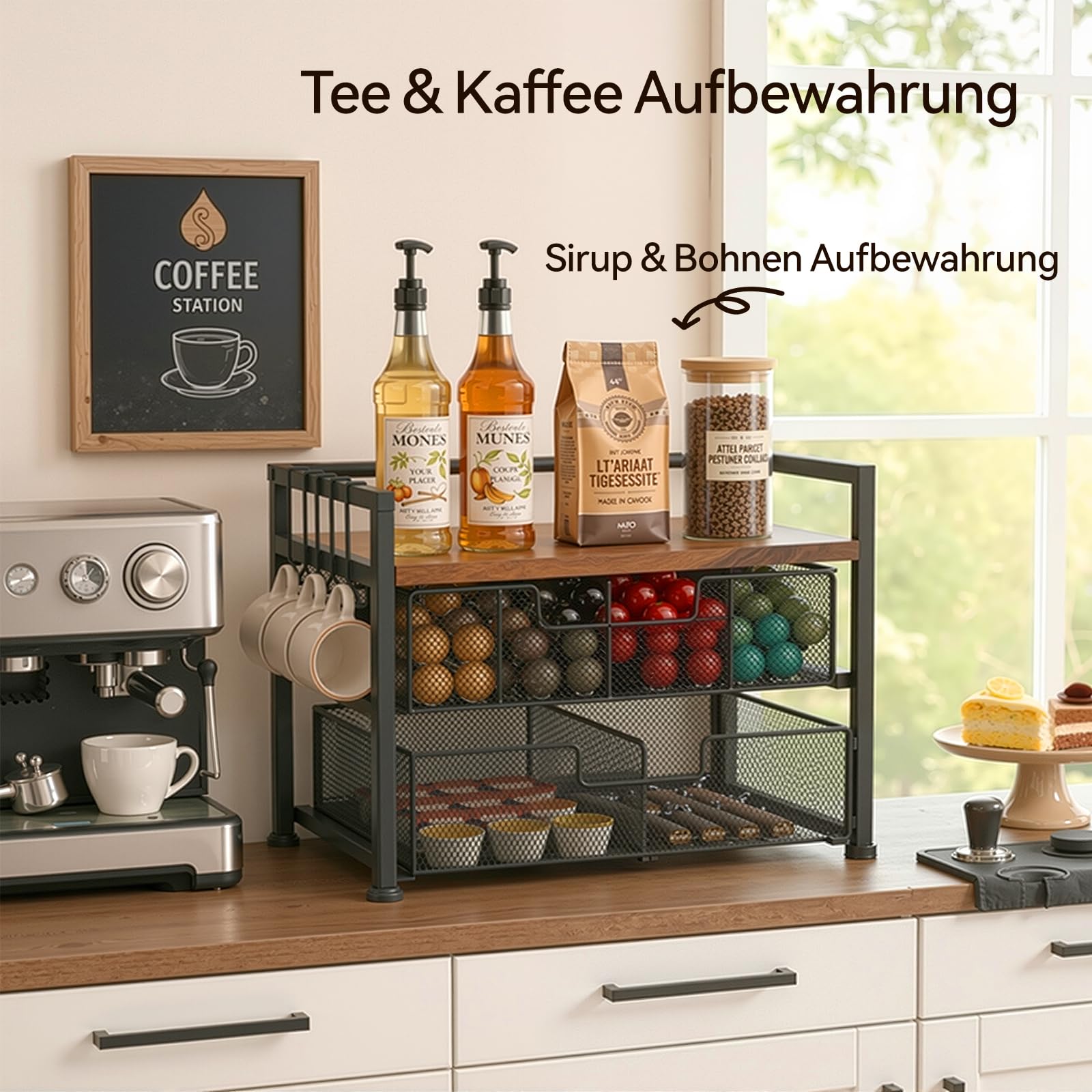 Beslands Teebeutel Aufbewahrung mit 2 Schubladen & 4 abnehmbaren Haken, Tee Organizer mit 8 kleinen + 2 großen Fächern, vielseitige Tee Aufbewahrung für Arbeitsplatte, Kaffeebar & Schreibtisch