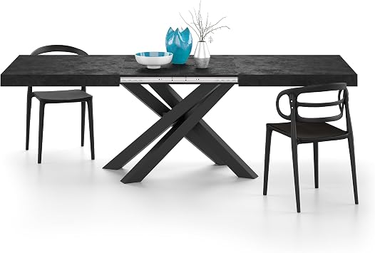 Mobili Fiver, Emma 6394.5 x35.4 in in, Extendable Dining Table, Concrete Effect, Black with Black Crossed Legs, Made in Italy