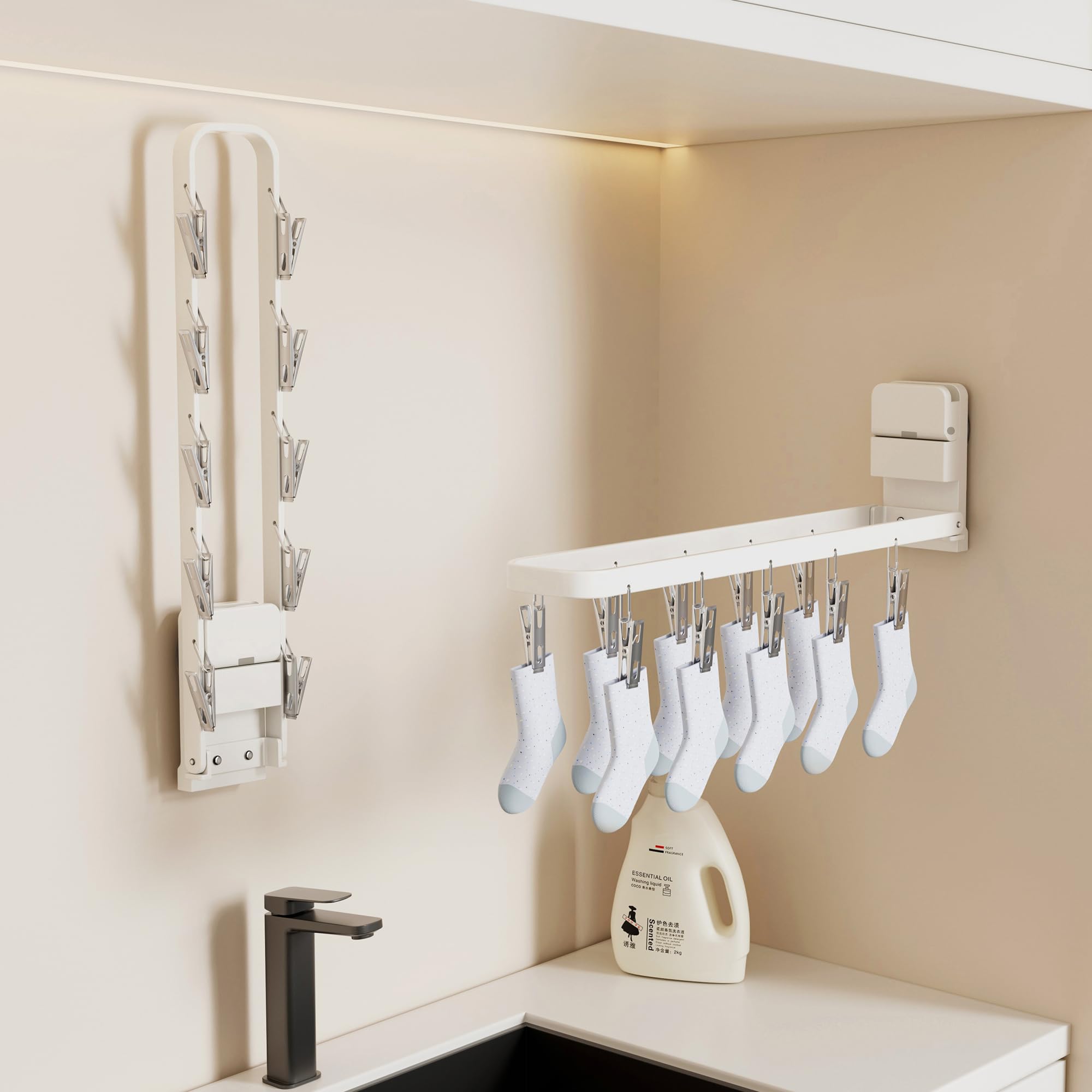 Stendibiancheria da parete con 20 clip, portatile e pieghevole, per asciugare calzini, reggiseni, biancheria intima, vestiti per bambini, asciugamani (bianco)