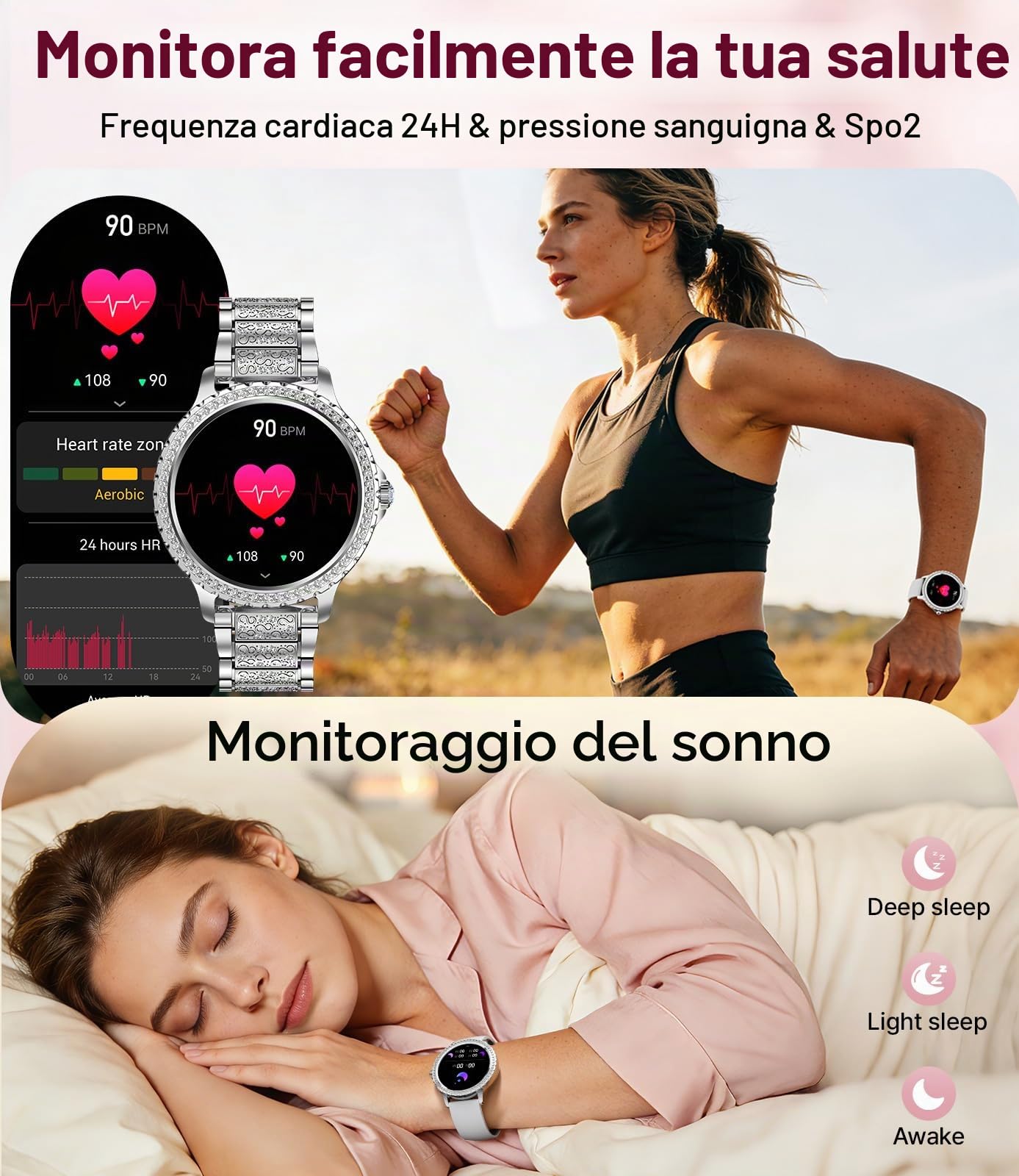 LIGE Smartwatch da donna Bluetooth chiamate per Android iOS 1,32" HD Full Touch Screen da donna Smart Watch Diamante argento acciaio inox frequenza cardiaca, monitor sonno, contapassi, calorie, 100+