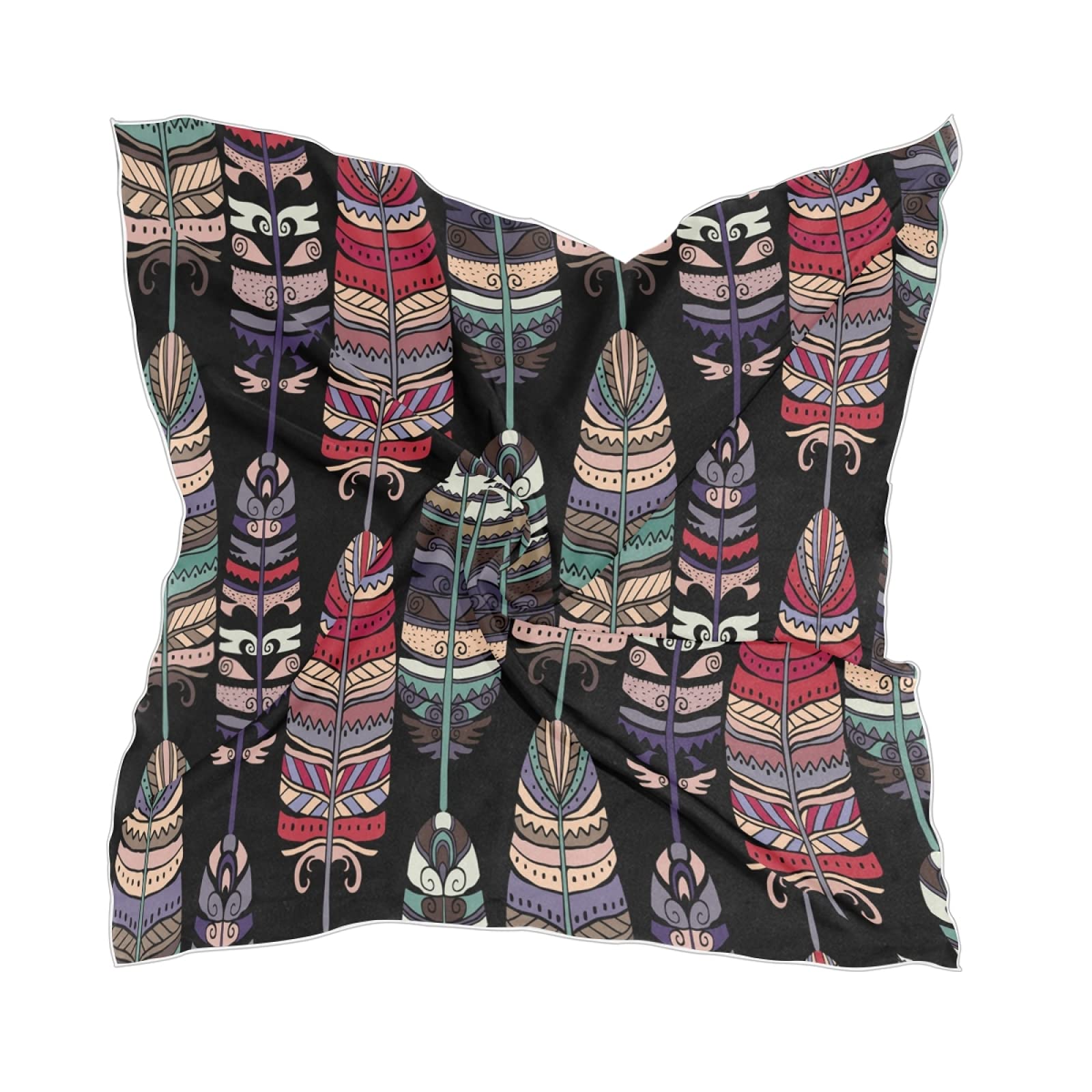 linomo Women's Chiffon Silk Scarf Boho Feather Pattern Square Shawl Wrap Silk Like Scarf