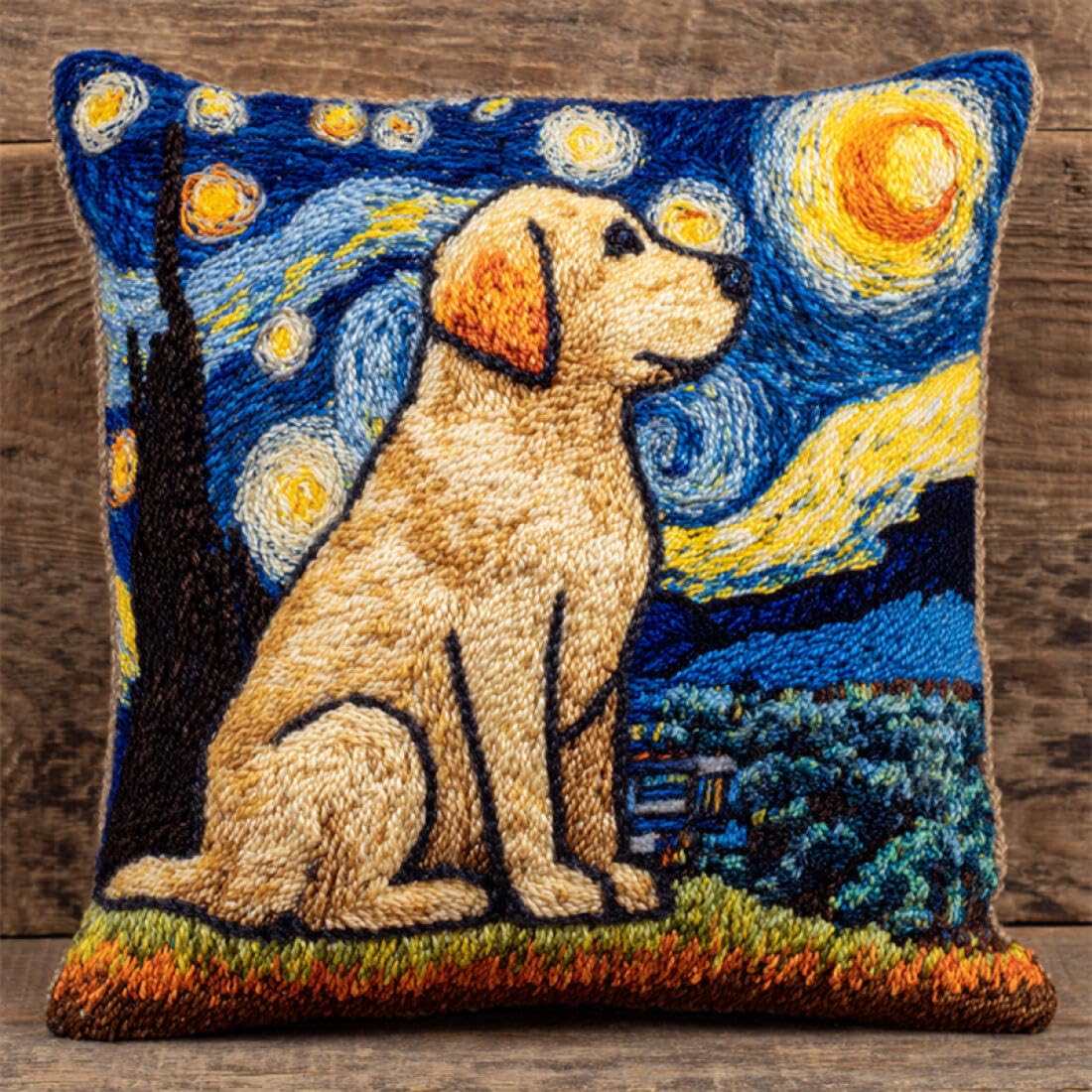 Kitquiver Animal Latch Hook Craft Kits Dogs and The Starry Sky Cushion Pillow Front Chunky Cross Stitch Kits DIY Embroidery Needlepoint Kit for Home Décor 17x17In