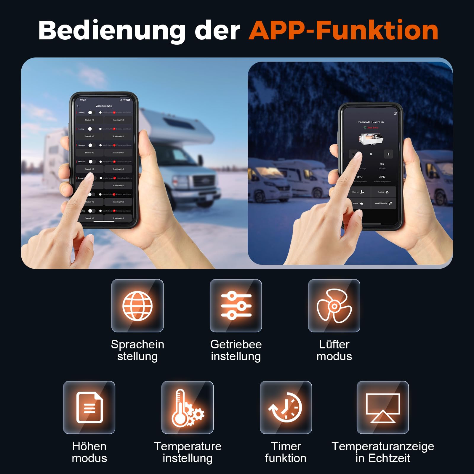 Dieselheizung 220-240V AC & 12/24V DC 8 kW, All-in-One 5L Diesel Standheizung mit Bluetooth APP Fernbedienung und LCD Bildschirm, für Zuhause, Werkstatt, Garage, Wohnmobil, LKW, RV, Boot Schwarz