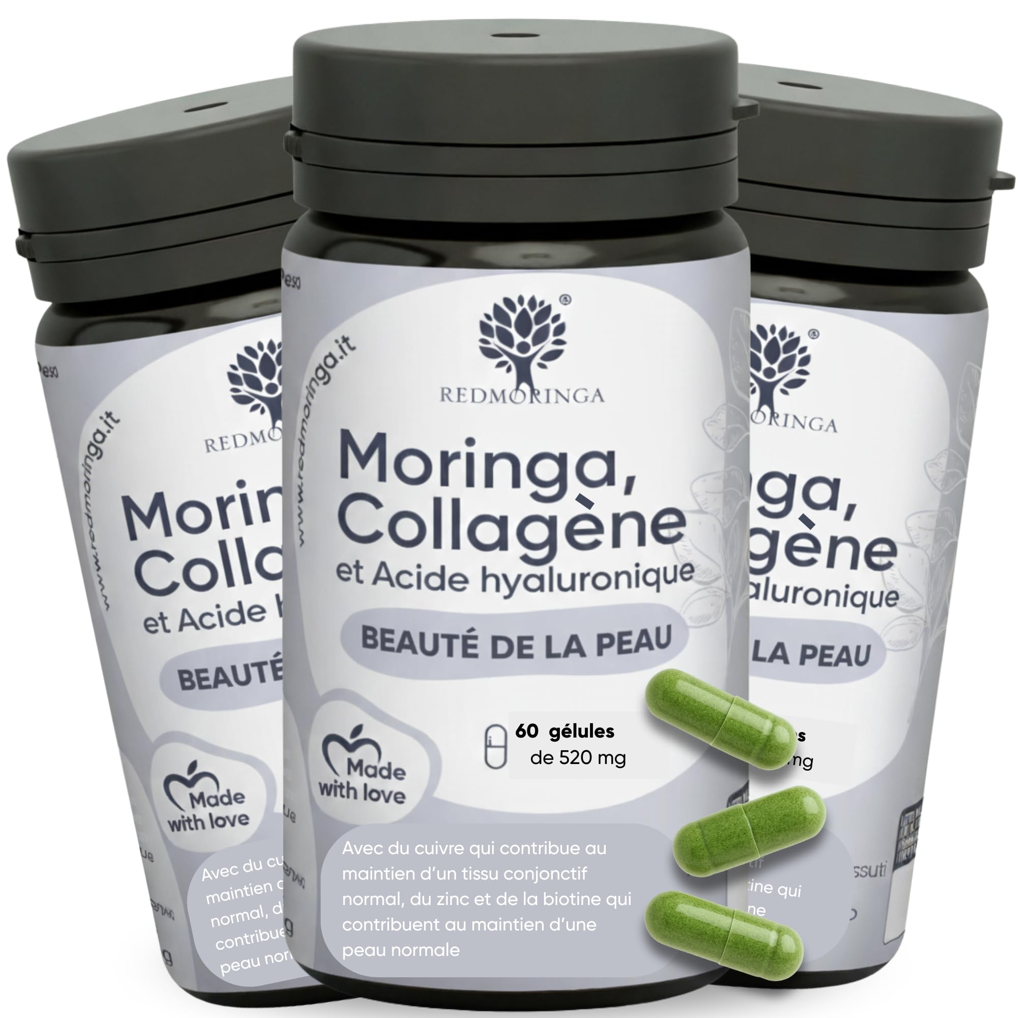 Collagène et acide hyaluronique avec cuivre, zinc, biotine, vitamine A,B2,B3,C, Moringa Bio | Complément pour la peau et les articulations | Anti-rides | Fabriqué en Italie RedMoringa (180 gélules)