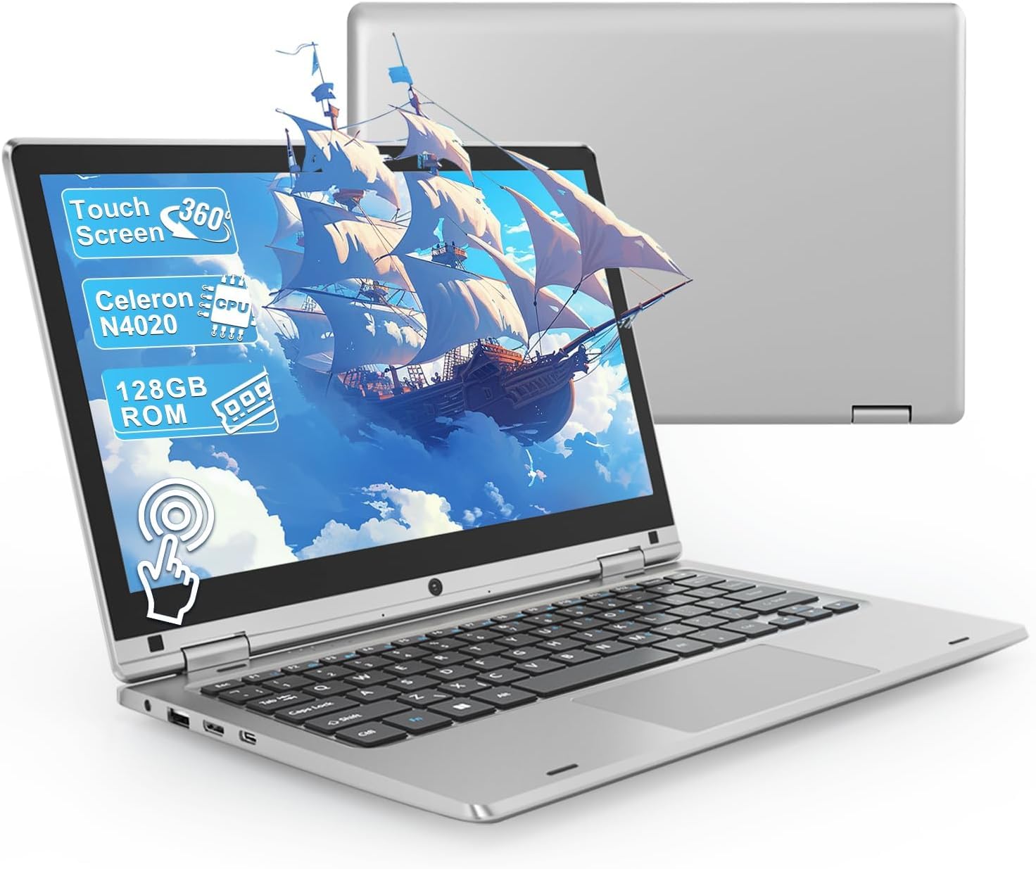 PINSTONE Computer portatile da 128 GB SSD 11.6" N4020 - PC portatile touch pieghevole a 360°, 1366 x 768 IPS, 2.4G+5G WiFi/Mini HDMI / USB3.0 / Laptop Extension SD Tastiera a membrana, argento