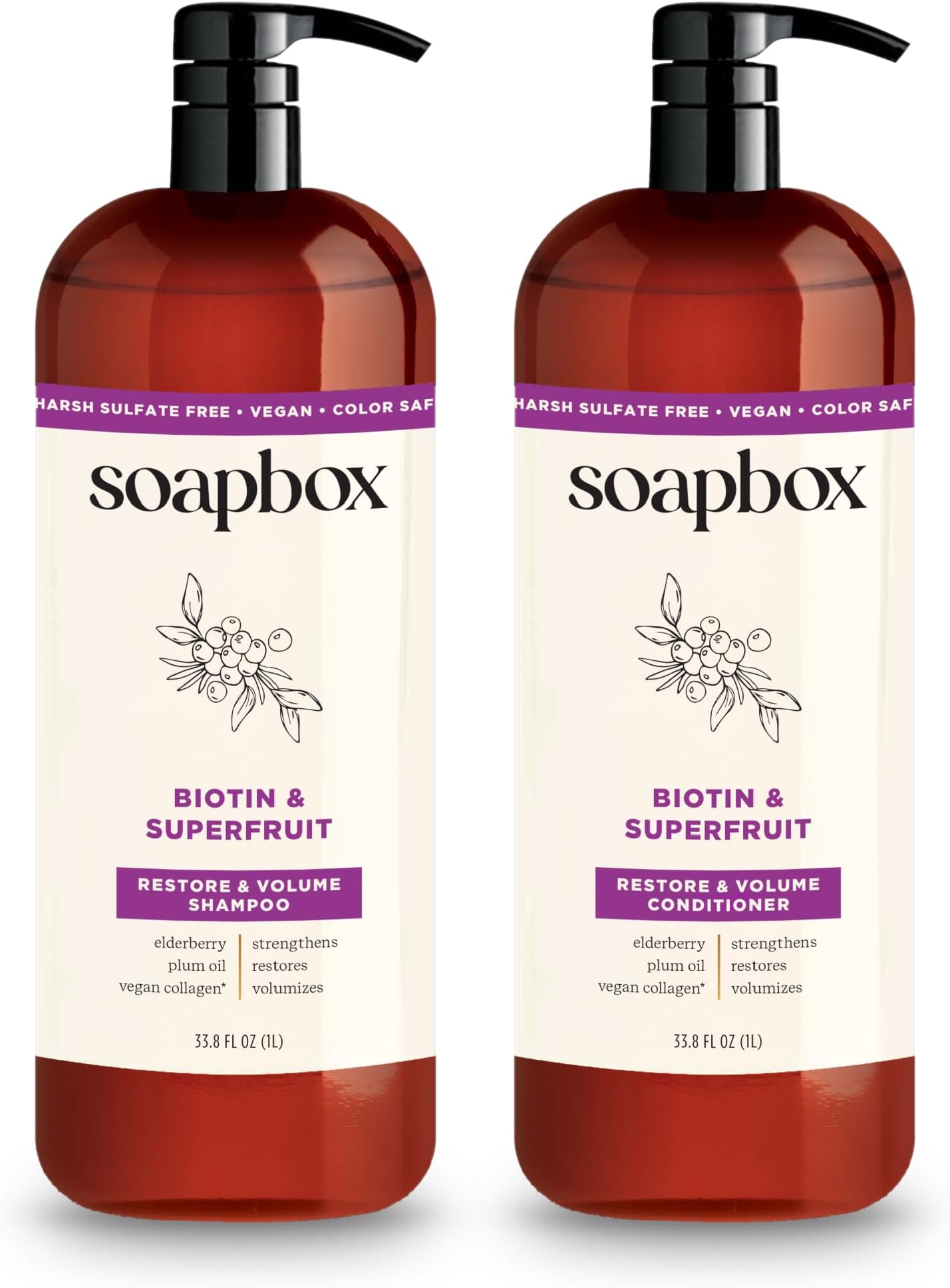 Biotin & Super Fruit Shampoo & Conditioner Set, Leaves Hair Volumized & Strengthened - Clean Ingredients Free of Harsh Chemicals, Sulfates, Parabens & Silicones - 1 Liter Each
