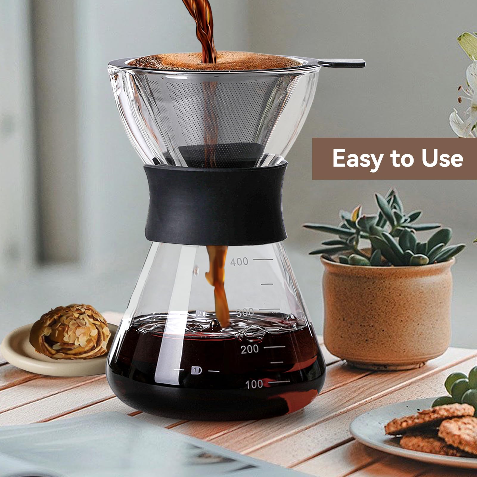 HERCHR Caffettiera in Vetro Con Filtro Permanente in Acciaio Inox, Caraffa in Vetro Borosilicato, Macchina Da Caffè a Goccia Manuale, 400ml Caffettiera Americana in Vetro per Caffè Casa Ufficio