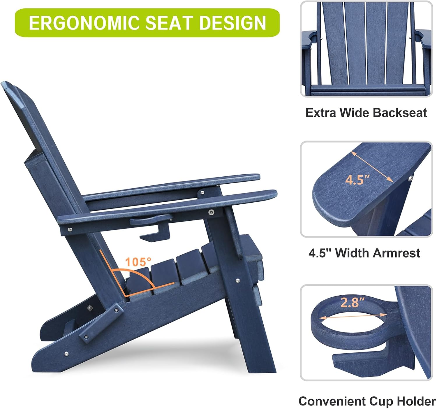 ATR ART TO REAL Folding Adirondack Chairs, HDPE Weather Resistant Outdoor Firepit Chairs with Cup Holder, Patio Folding Chairs for Garden, Lawn, Backyard, Deck, Fire Pit(Navy Blue)