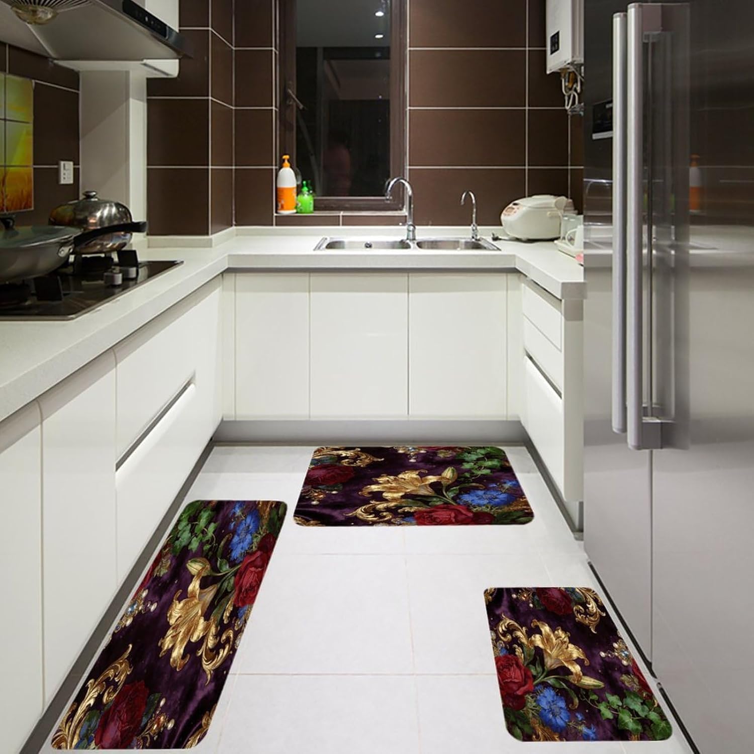 Colorful Vintage Flowers Kitchen Rugs Sets of 3 Non Slip Kitchen Mat for Floor Comfort Standing Rug and Mats Thick Cushioned Long Area Carpets for Laundry Room Entryway