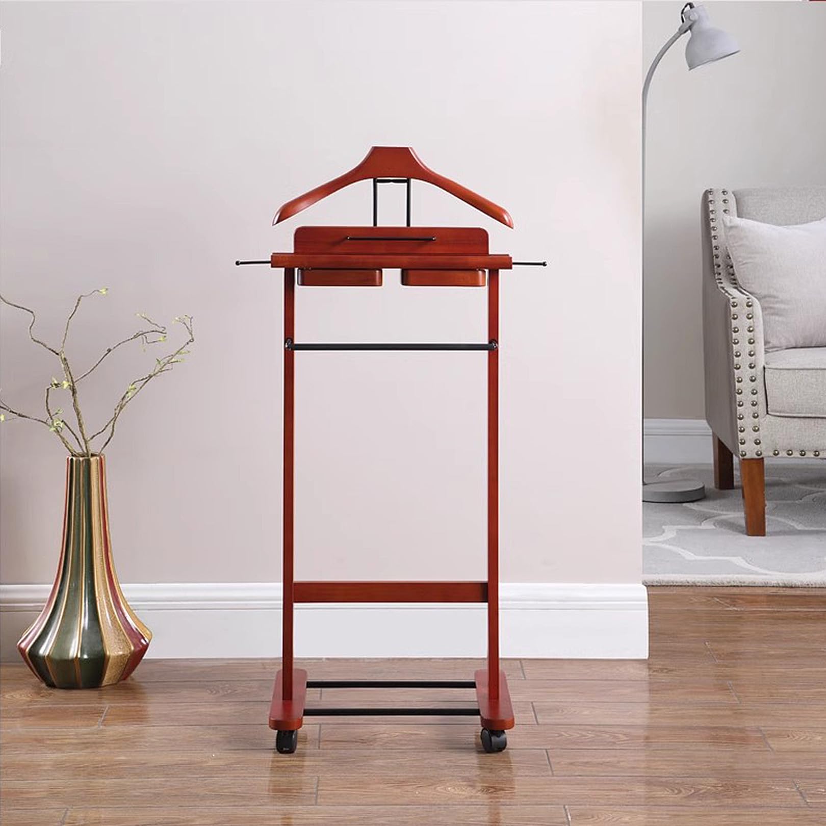 259138 Support de valet autonome en bois massif avec porte-pantalons et porte-cravate, solution de rangement élégante pour chambre à coucher/bureau, parfait pour les accessoires pour hommes, 259138