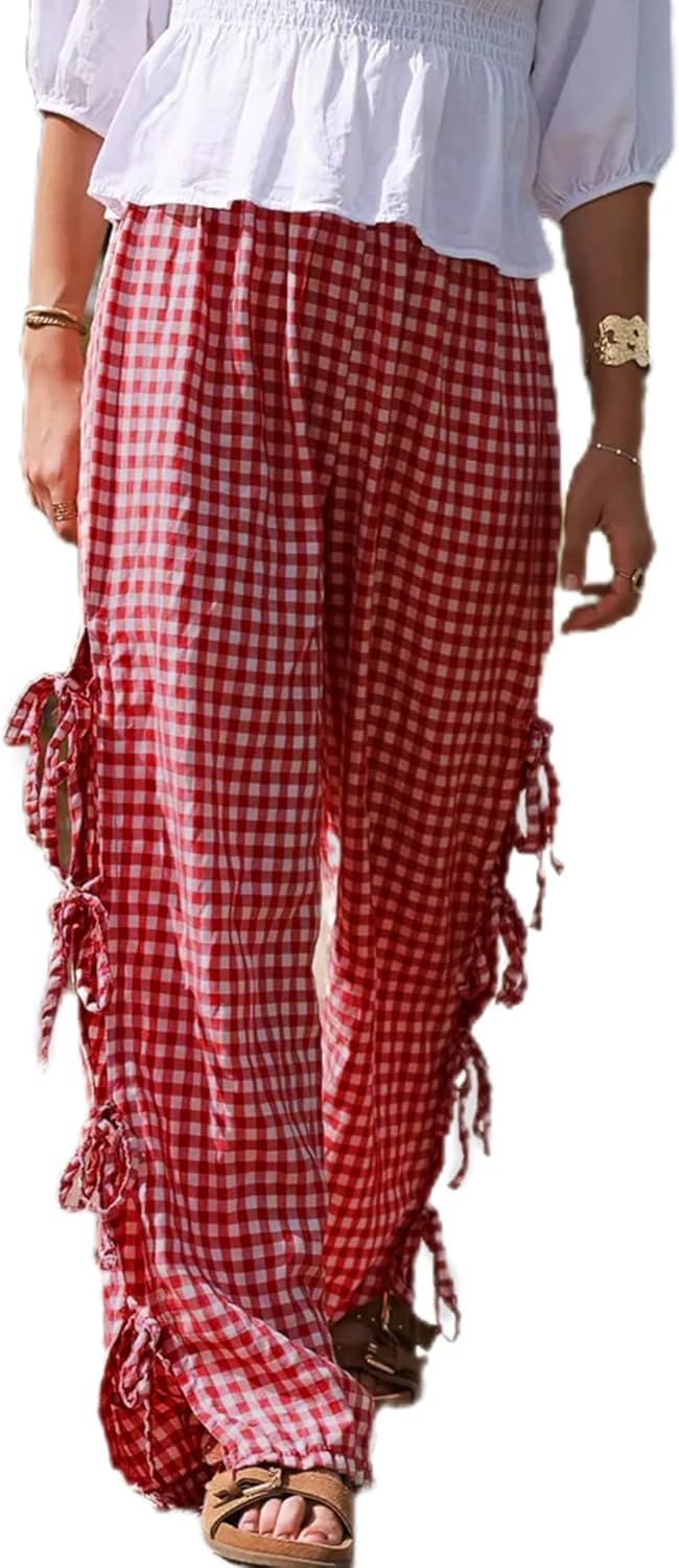 Sunloudy Women Y2K Wide Leg Gingham Pants Elastic High Waist Side Tie Loose Fit Plaid Trouser Lounge Pants